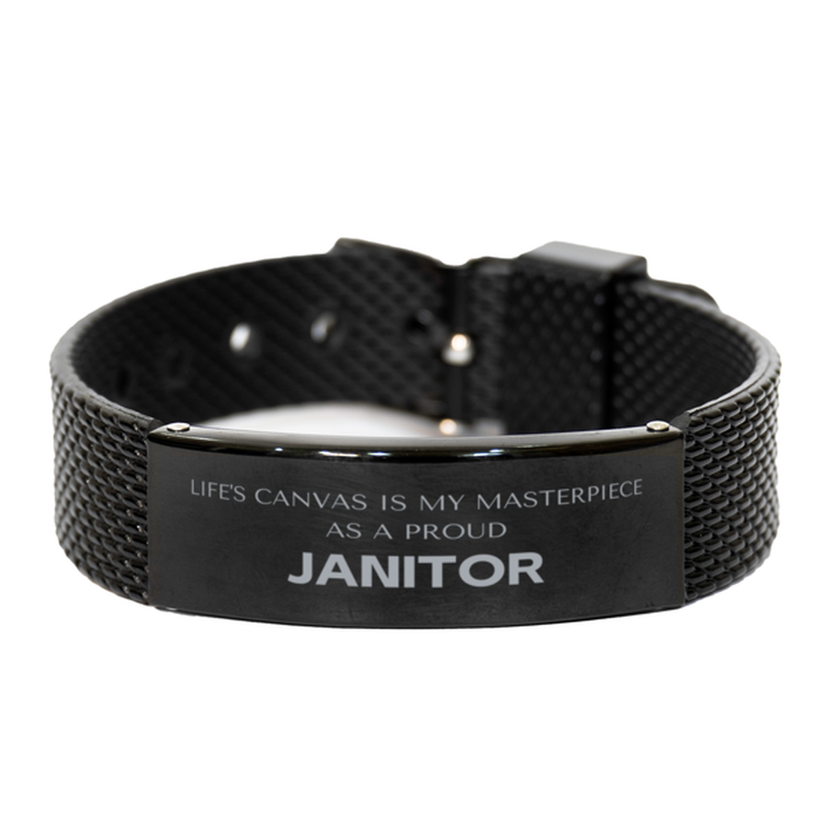 Proud Janitor Gifts, Life's canvas is my masterpiece, Epic Birthday Christmas Unique Black Shark Mesh Bracelet For Janitor, Coworkers, Men, Women, Friends