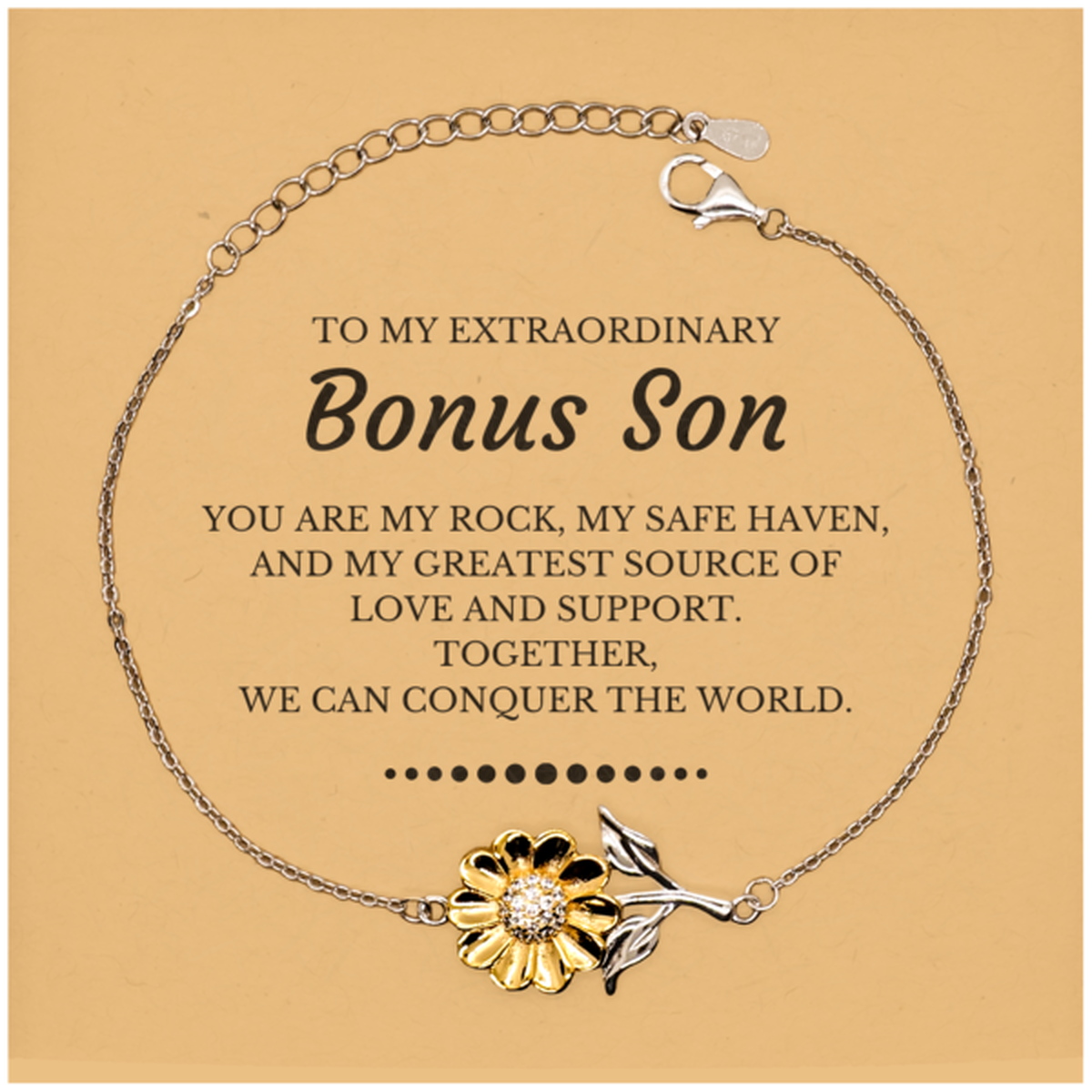 To My Extraordinary Bonus Son Gifts, Together, we can conquer the world, Birthday Christmas Sunflower Bracelet For Bonus Son, Christmas Gifts For Bonus Son