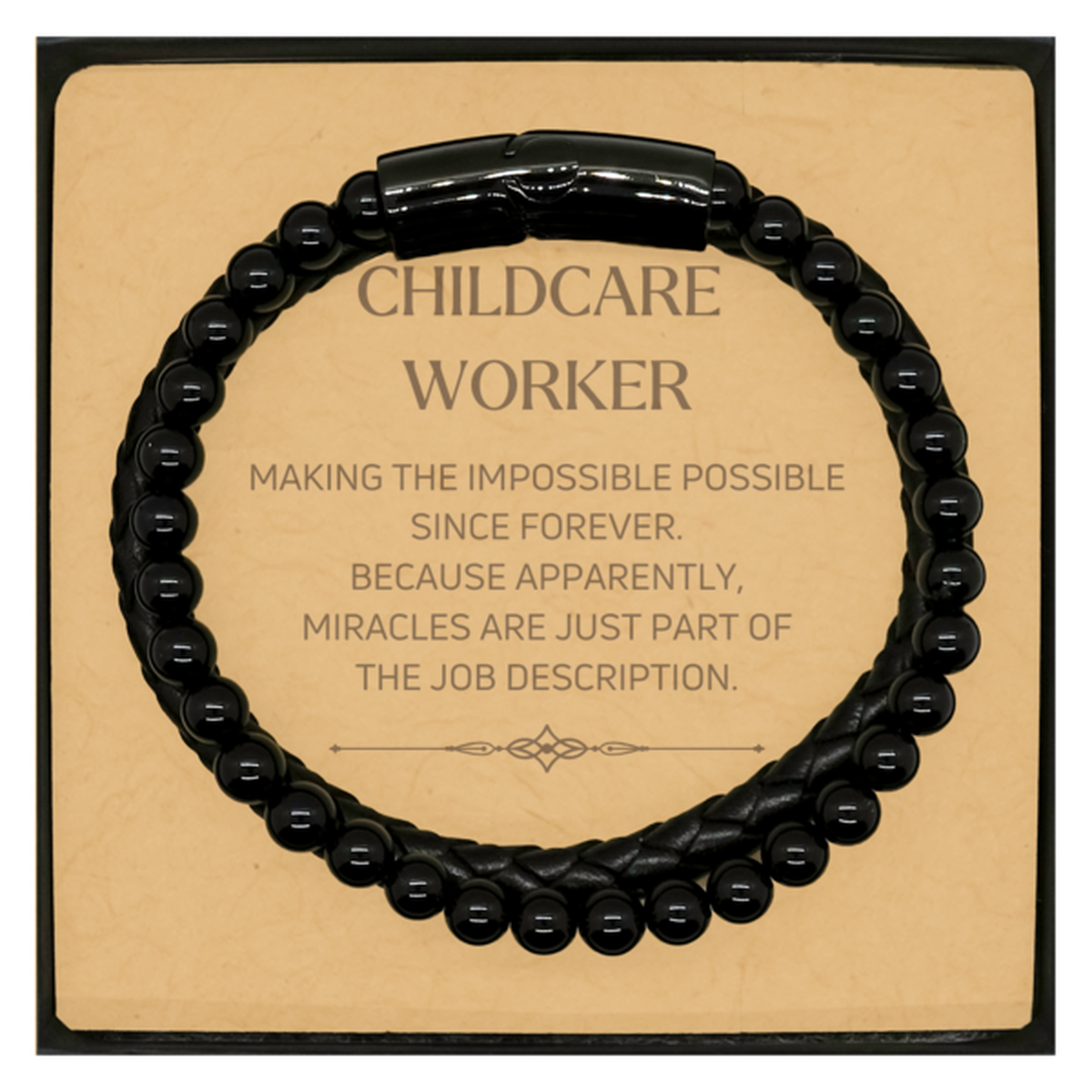 Funny Childcare Worker Gifts, Miracles are just part of the job description, Inspirational Birthday Christmas Stone Leather Bracelets For Childcare Worker, Men, Women, Coworkers, Friends, Boss