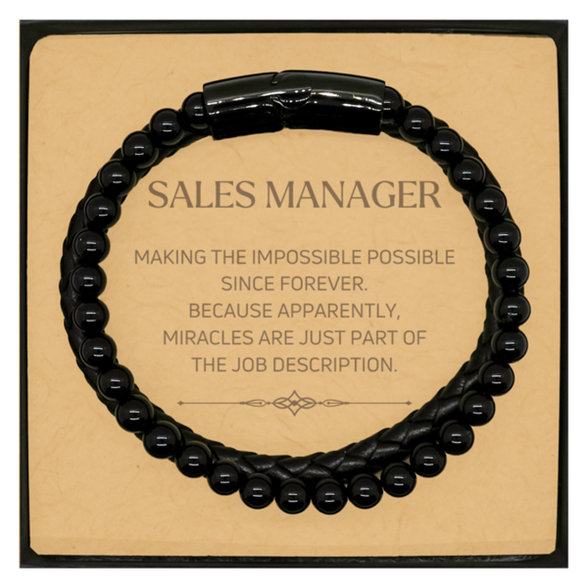 Funny Sales Manager Gifts, Miracles are just part of the job description, Inspirational Birthday Christmas Stone Leather Bracelets For Sales Manager, Men, Women, Coworkers, Friends, Boss