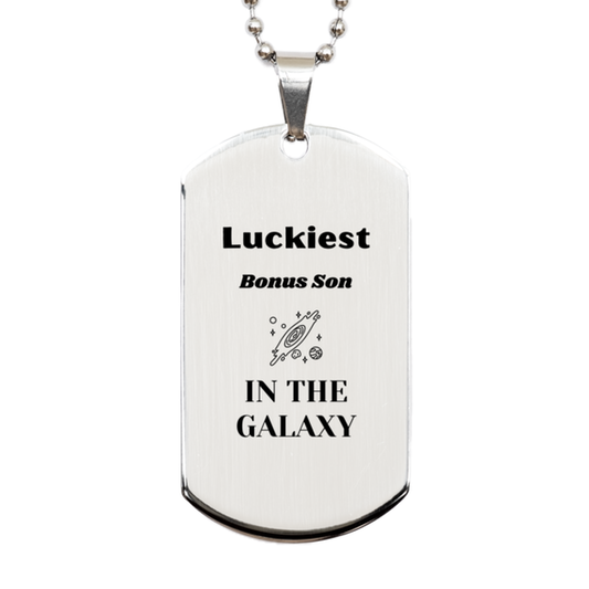 Bonus Son Silver Dog Tag Necklace - Luckiest in the Galaxy | Christmas Gift