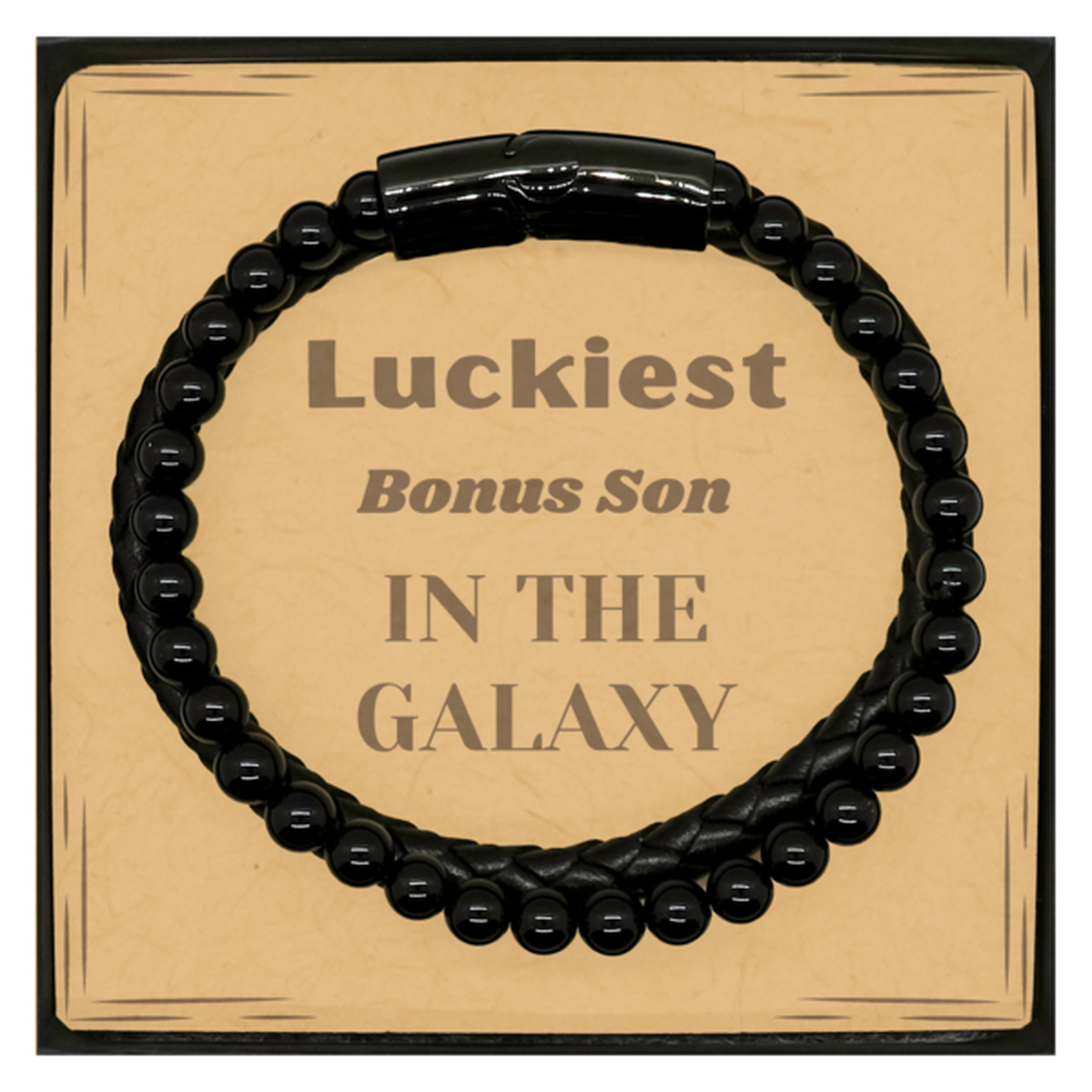 Luckiest Bonus Son in the Galaxy, To My Bonus Son Message Card Gifts, Christmas Bonus Son Stone Leather Bracelets Gifts, X-mas Birthday Unique Gifts For Bonus Son Men Women