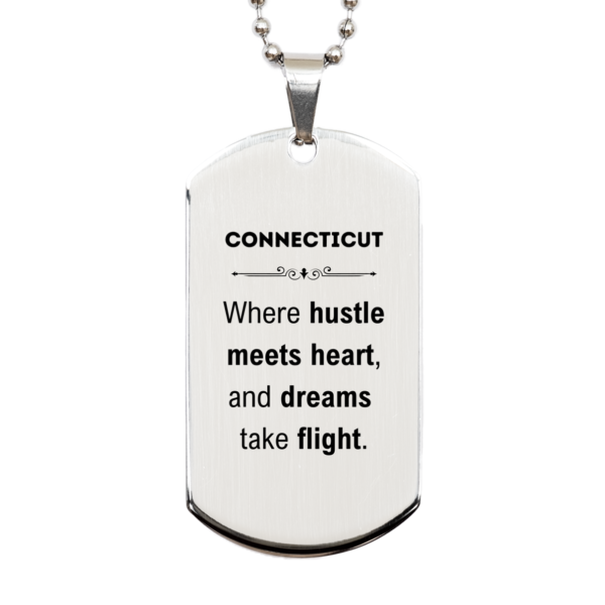 Connecticut: Where hustle meets heart, and dreams take flight, Connecticut Gifts, Proud Connecticut Christmas Birthday Connecticut Silver Dog Tag, Connecticut State People, Men, Women, Friends