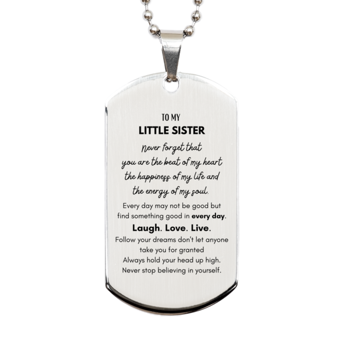 Little Sister Silver Dog Tag Necklace - Heartfelt Message | Birthday and Christmas Gift