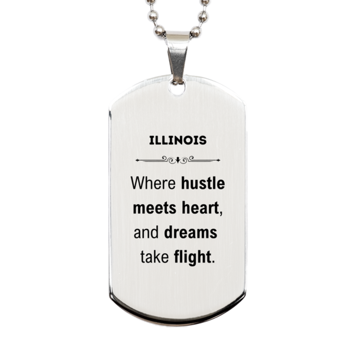 Illinois: Where hustle meets heart, and dreams take flight, Illinois Gifts, Proud Illinois Christmas Birthday Illinois Silver Dog Tag, Illinois State People, Men, Women, Friends