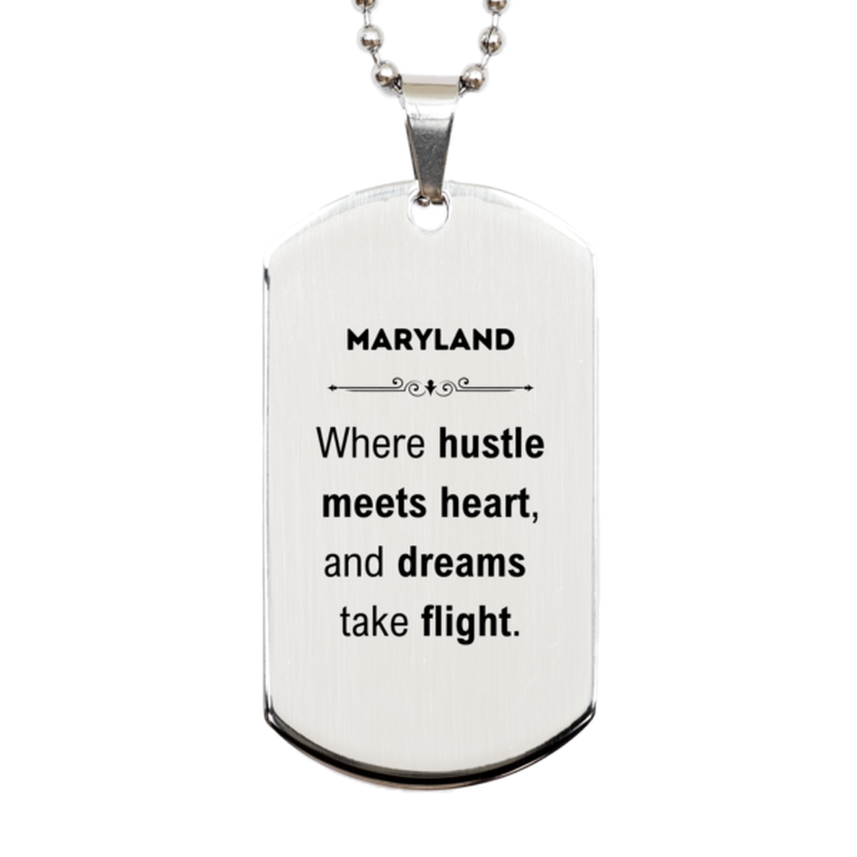 Maryland: Where hustle meets heart, and dreams take flight, Maryland Gifts, Proud Maryland Christmas Birthday Maryland Silver Dog Tag, Maryland State People, Men, Women, Friends