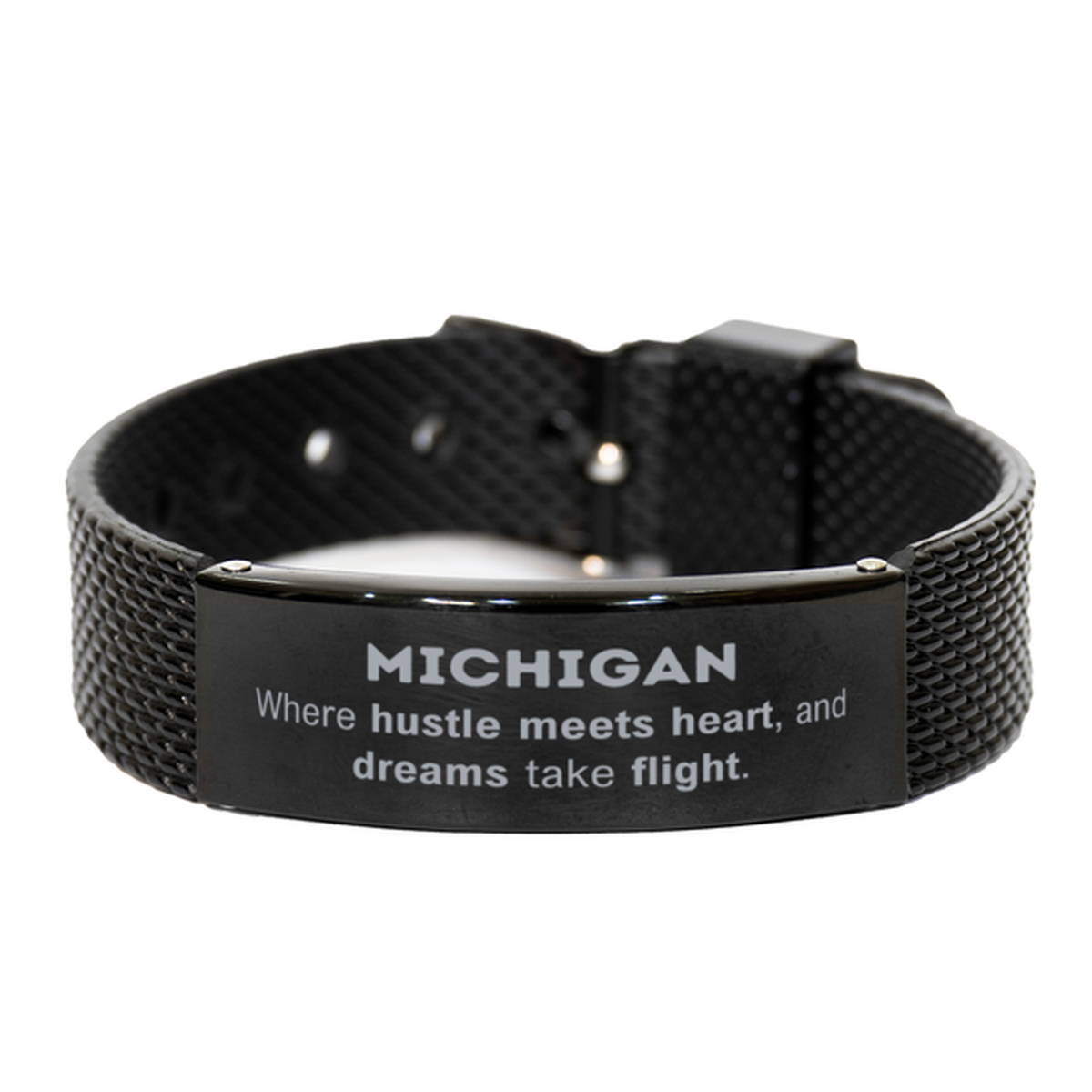 Michigan: Where hustle meets heart, and dreams take flight, Michigan Gifts, Proud Michigan Christmas Birthday Michigan Black Shark Mesh Bracelet, Michigan State People, Men, Women, Friends