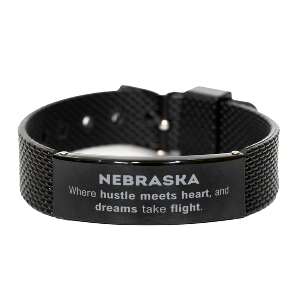 Nebraska: Where hustle meets heart, and dreams take flight, Nebraska Gifts, Proud Nebraska Christmas Birthday Nebraska Black Shark Mesh Bracelet, Nebraska State People, Men, Women, Friends