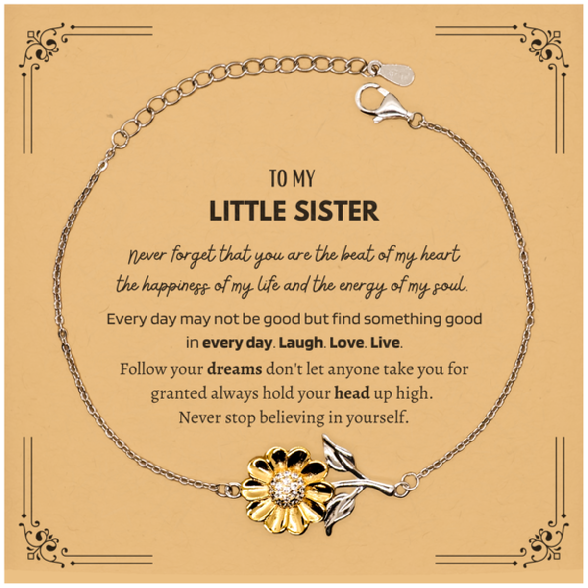 To My Little Sister Message Card Gifts, Christmas Little Sister Sunflower Bracelet Present, Birthday Unique Motivational For Little Sister, To My Little Sister Never forget that you are the beat of my heart the happiness of my life and the energy of my so