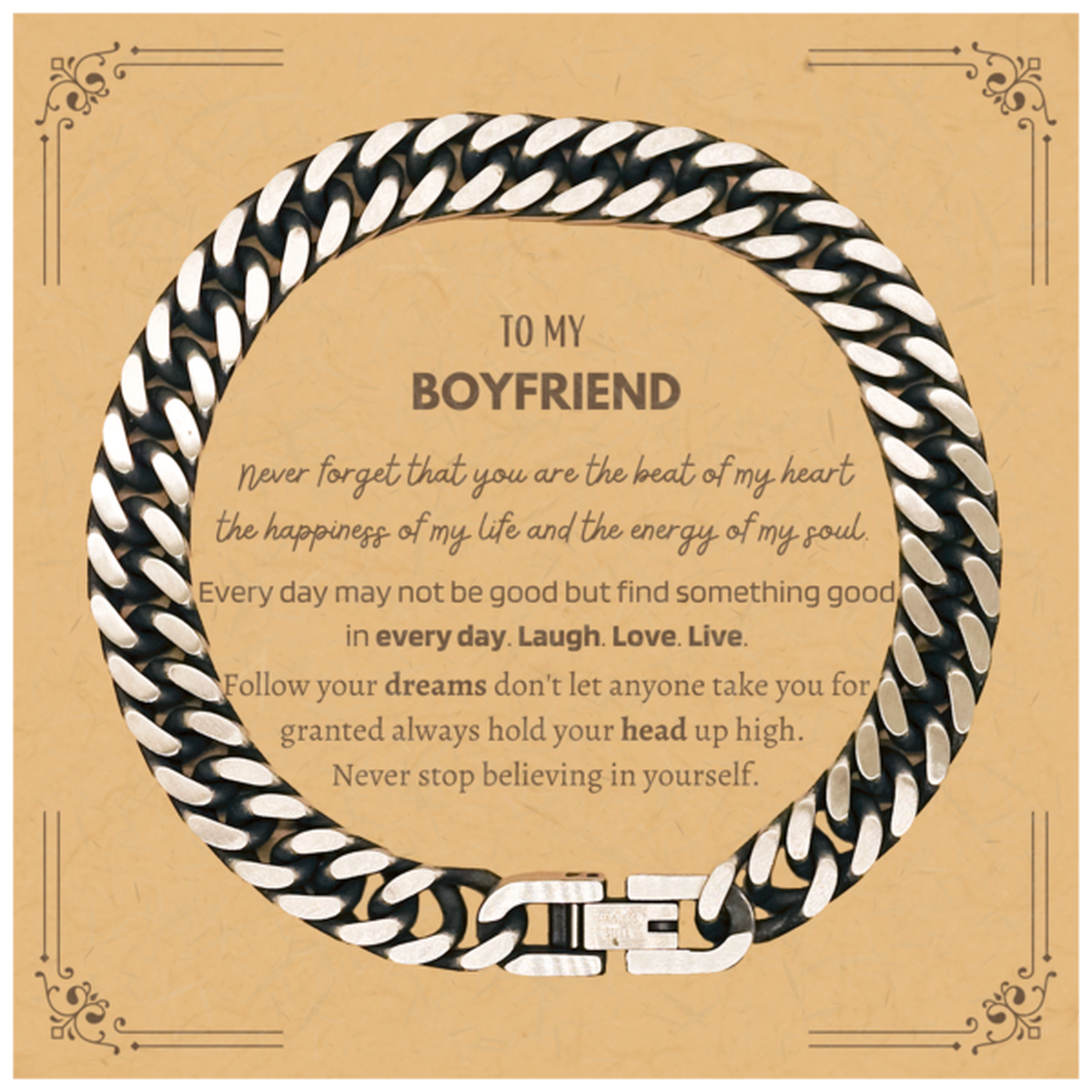 To My Boyfriend Message Card Gifts, Christmas Boyfriend Cuban Link Chain Bracelet Present, Birthday Unique Motivational For Boyfriend, To My Boyfriend Never forget that you are the beat of my heart the happiness of my life and the energy of my soul