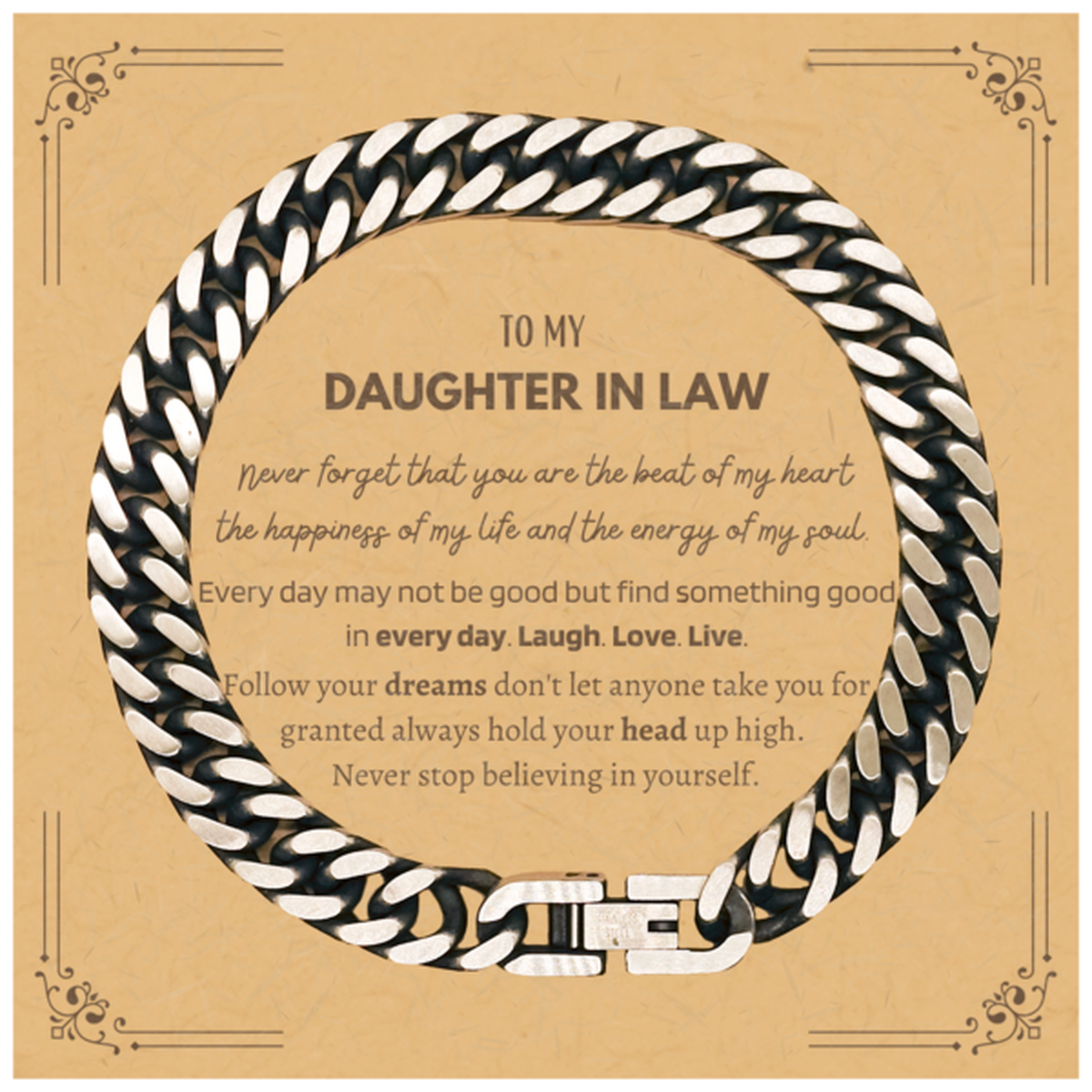 To My Daughter In Law Message Card Gifts, Christmas Daughter In Law Cuban Link Chain Bracelet Present, Birthday Unique Motivational For Daughter In Law, To My Daughter In Law Never forget that you are the beat of my heart the happiness of my life and the