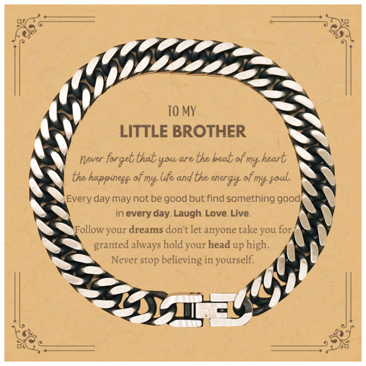 To My Little Brother Message Card Gifts, Christmas Little Brother Cuban Link Chain Bracelet Present, Birthday Unique Motivational For Little Brother, To My Little Brother Never forget that you are the beat of my heart the happiness of my life and the ener