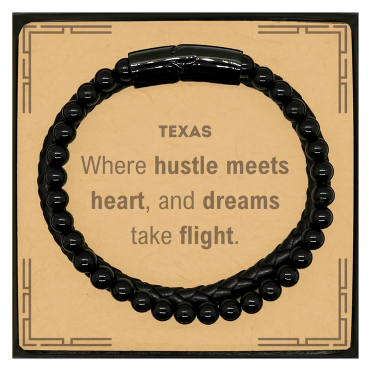 Texas: Where hustle meets heart, and dreams take flight, Texas Card Gifts, Proud Texas Christmas Birthday Texas Stone Leather Bracelets, Texas State People, Men, Women, Friends