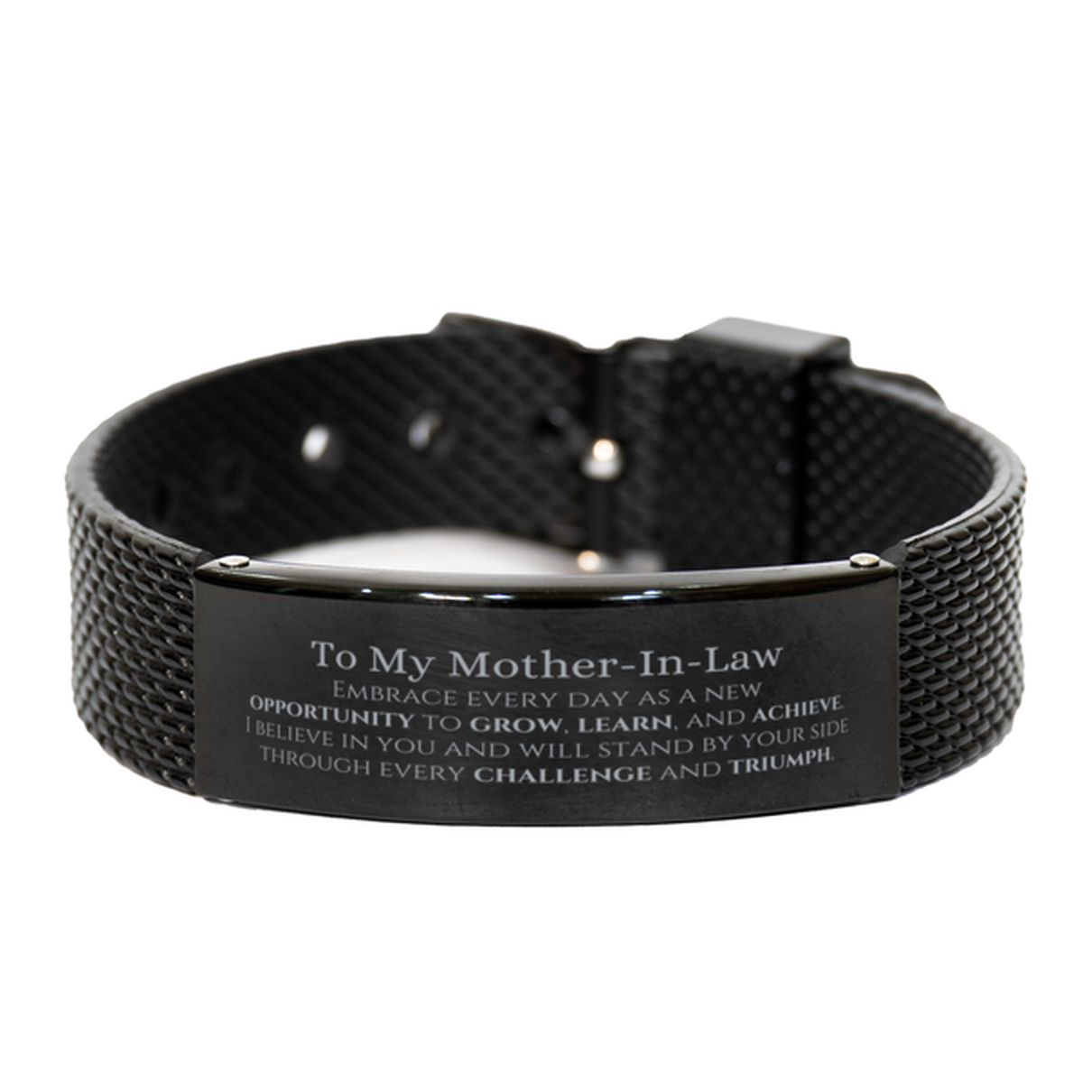 To My Mother-In-Law Gifts, I believe in you and will stand by your side, Inspirational Black Shark Mesh Bracelet For Mother-In-Law, Birthday Christmas Motivational Mother-In-Law Gifts