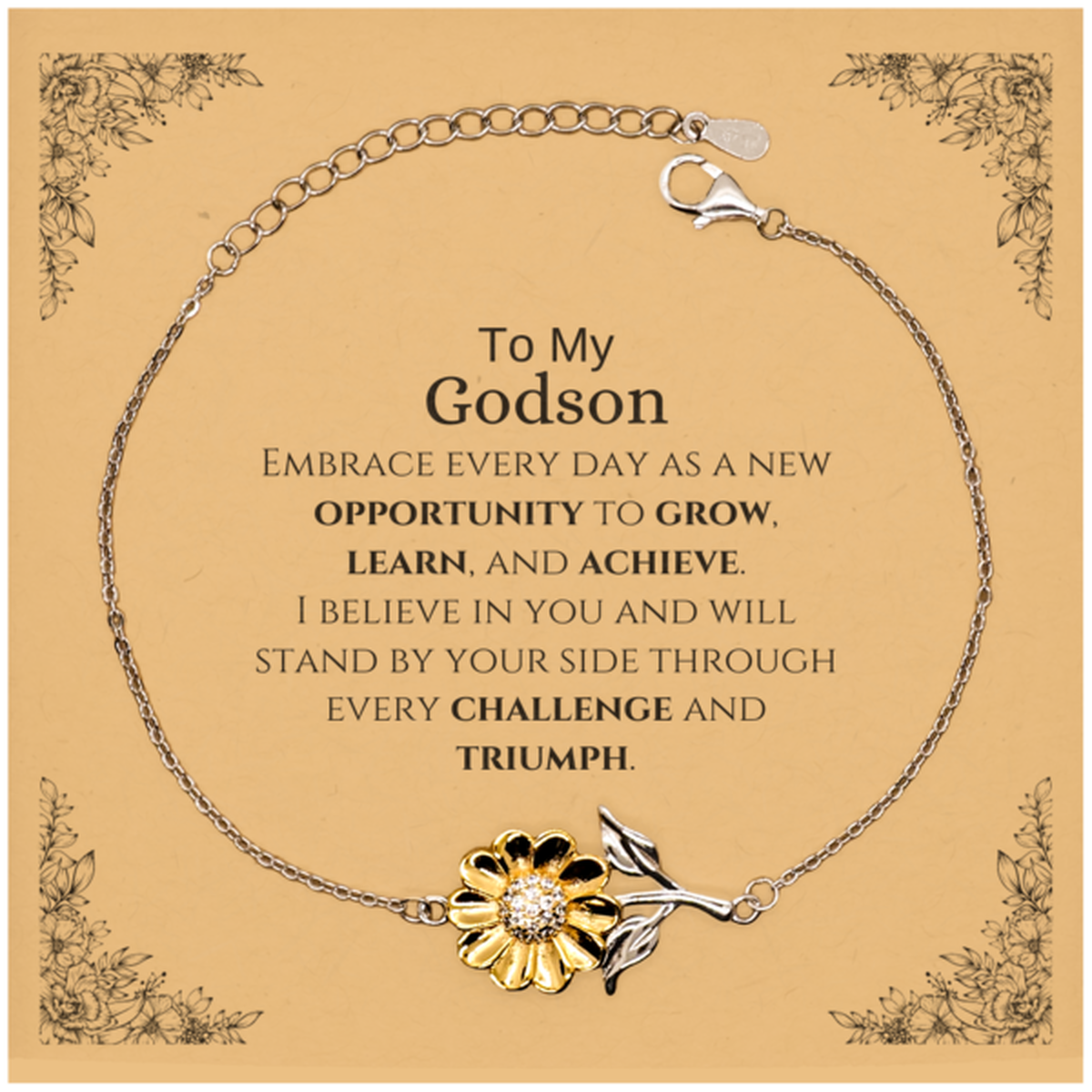 To My Godson Gifts, I believe in you and will stand by your side, Inspirational Sunflower Bracelet For Godson, Birthday Christmas Motivational Godson Gifts