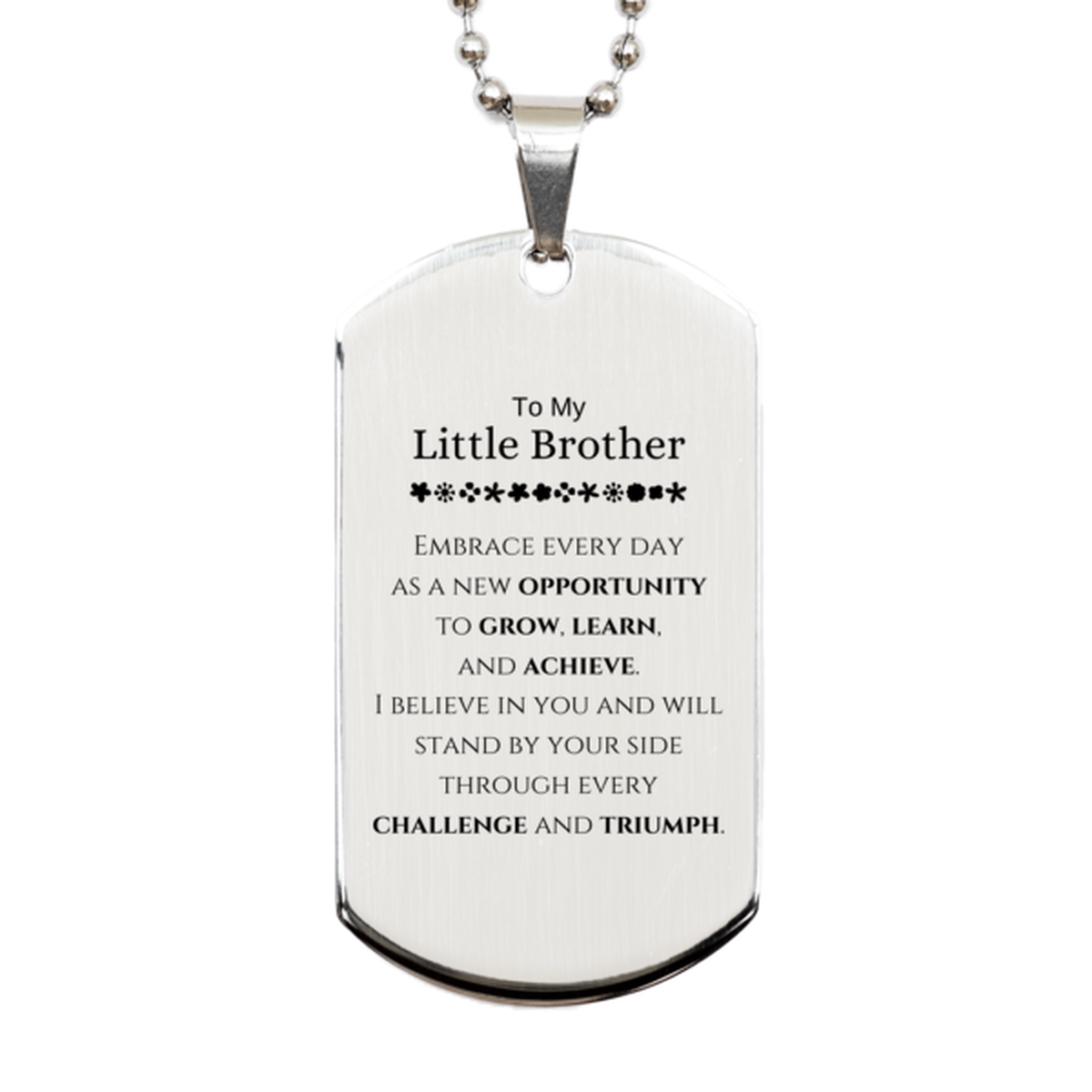 Little Brother Silver Dog Tag Necklace - Inspirational Message | Birthday Christmas Gift