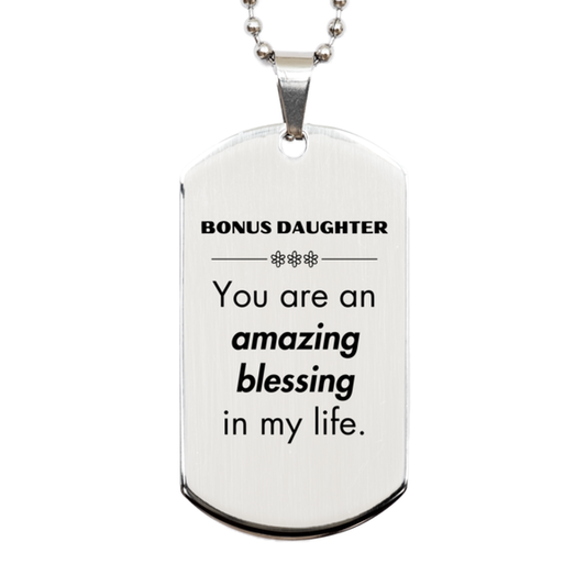 Bonus Daughter Silver Dog Tag Necklace - You Are An Amazing Blessing | Inspirational Gift