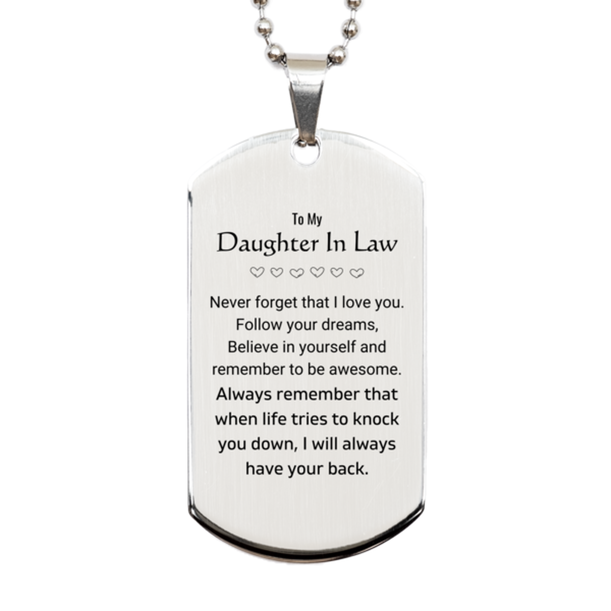 Inspirational Gifts for Daughter In Law, Follow your dreams, Believe in yourself, Daughter In Law Silver Dog Tag, Birthday Christmas Unique Gifts For Daughter In Law