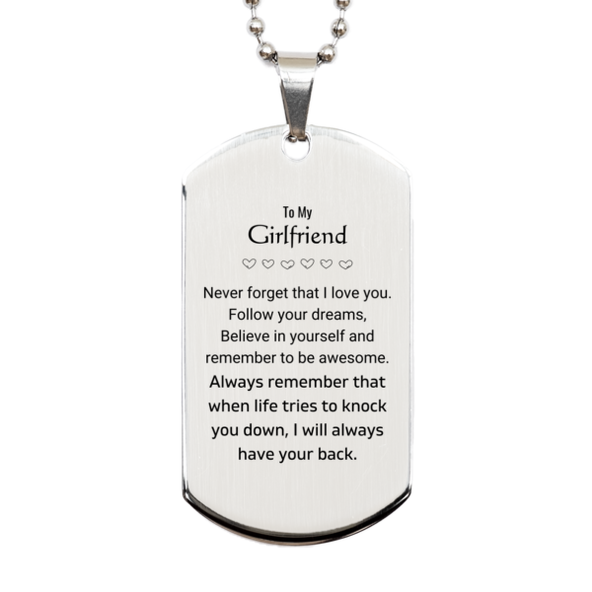 Inspirational Gifts for Girlfriend, Follow your dreams, Believe in yourself, Girlfriend Silver Dog Tag, Birthday Christmas Unique Gifts For Girlfriend