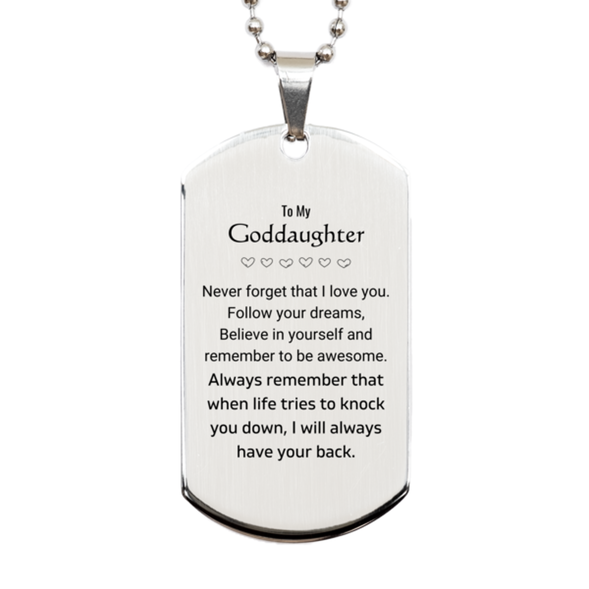 Inspirational Gifts for Goddaughter, Follow your dreams, Believe in yourself, Goddaughter Silver Dog Tag, Birthday Christmas Unique Gifts For Goddaughter