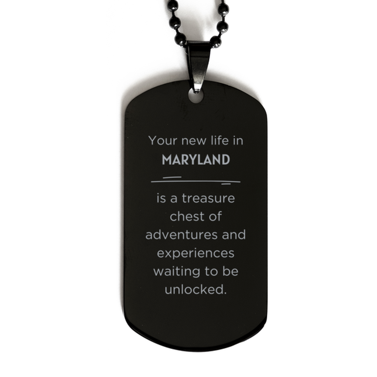 Moving to Maryland Gifts, Your new life in Maryland, Long Distance Maryland Christmas Black Dog Tag For Men, Women, Friends, Coworkers