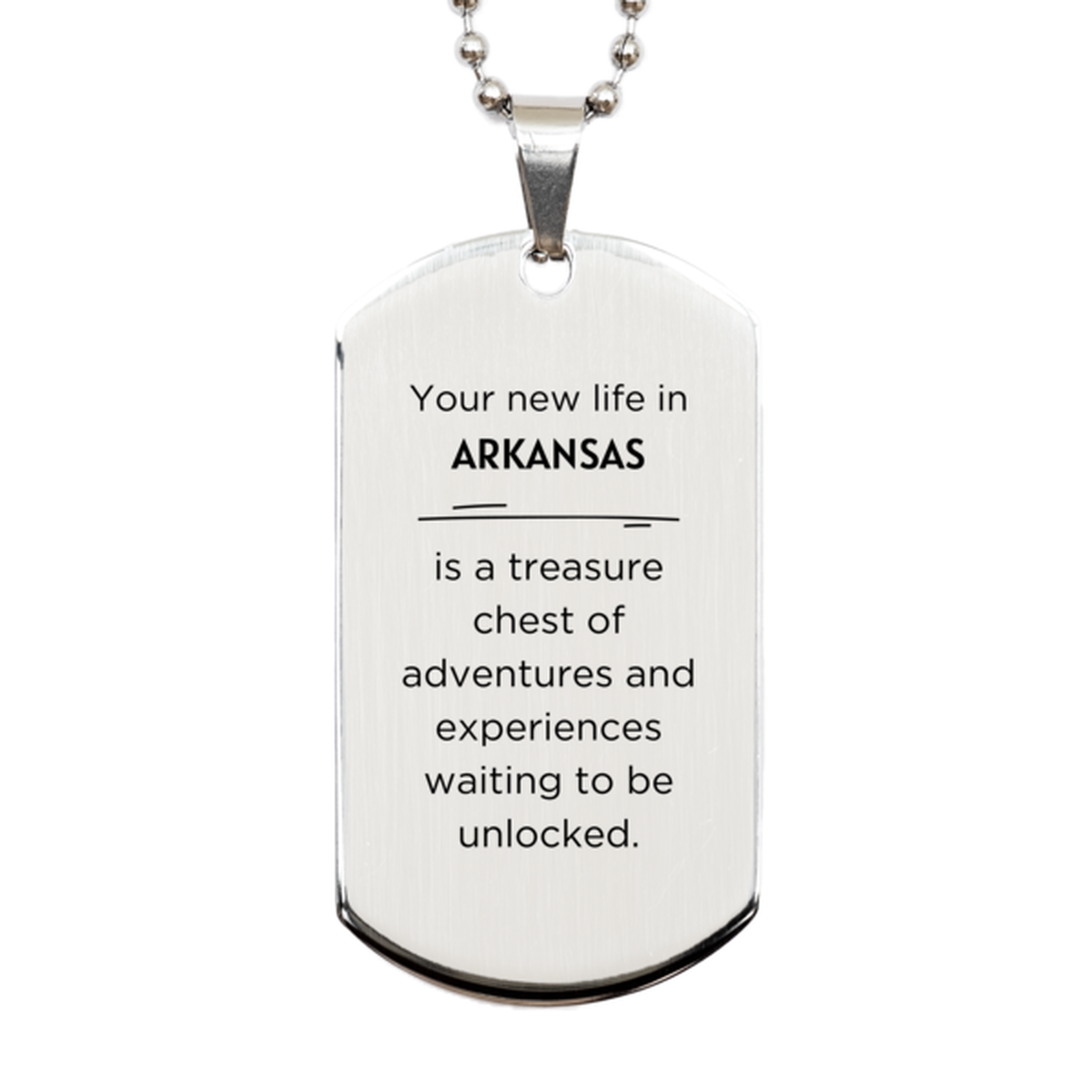 Moving to Arkansas Gifts, Your new life in Arkansas, Long Distance Arkansas Christmas Silver Dog Tag For Men, Women, Friends, Coworkers