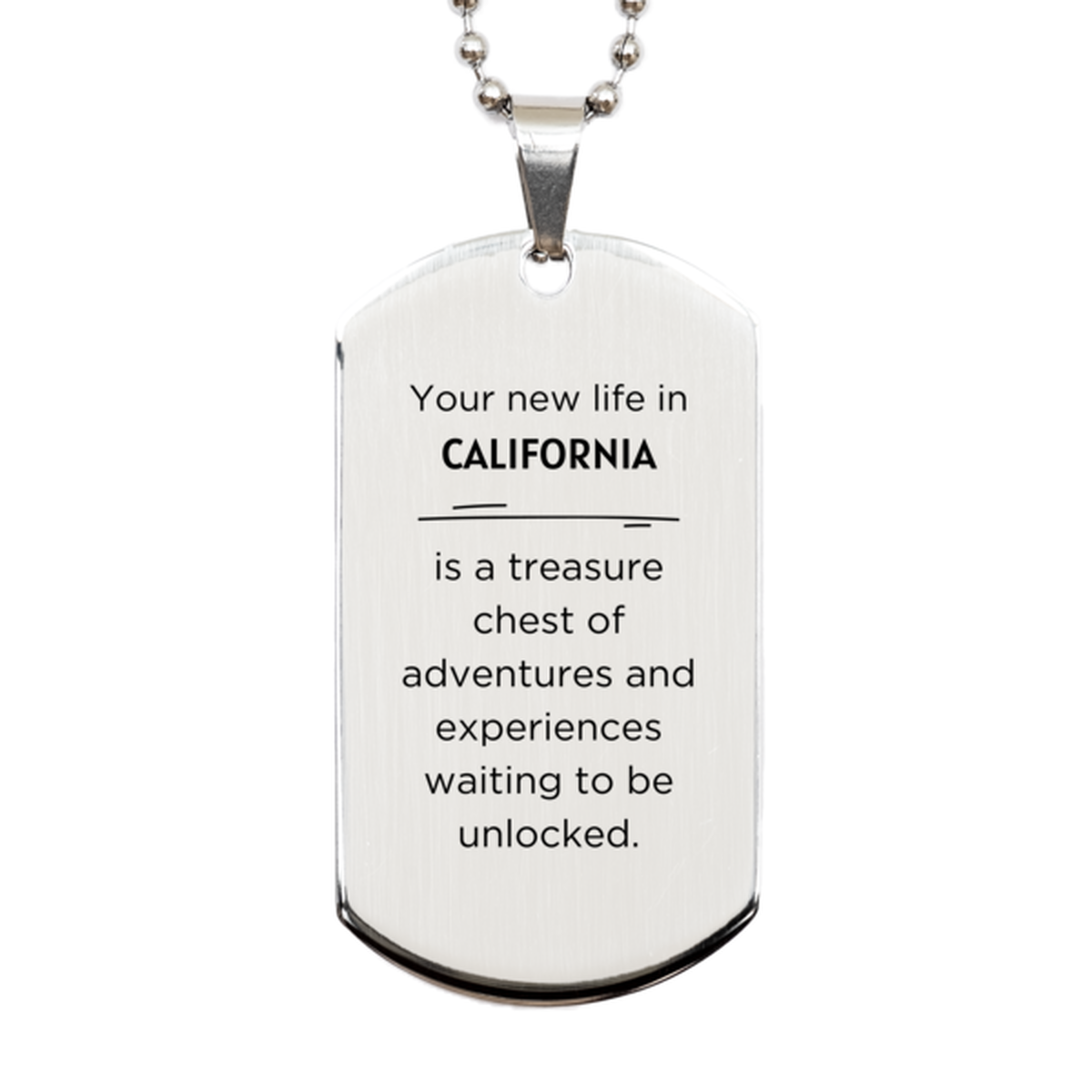 Moving to California Gifts, Your new life in California, Long Distance California Christmas Silver Dog Tag For Men, Women, Friends, Coworkers