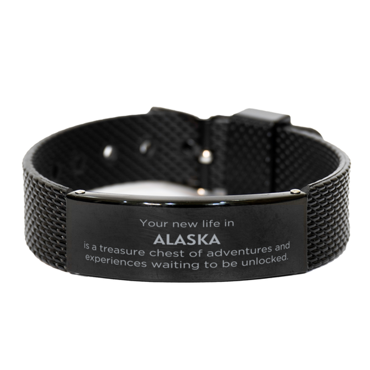 Moving to Alaska Gifts, Your new life in Alaska, Long Distance Alaska Christmas Black Shark Mesh Bracelet For Men, Women, Friends, Coworkers