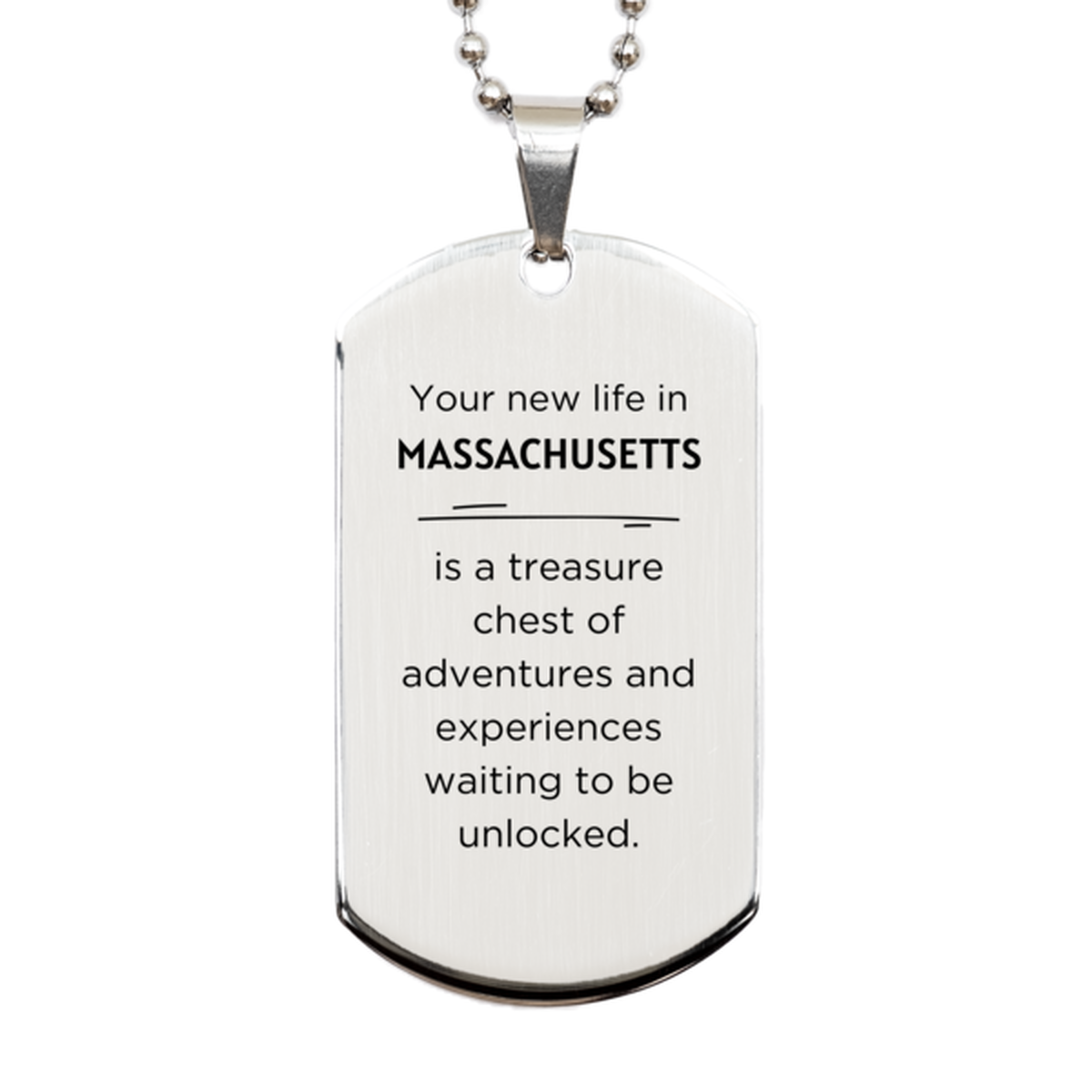 Moving to Massachusetts Gifts, Your new life in Massachusetts, Long Distance Massachusetts Christmas Silver Dog Tag For Men, Women, Friends, Coworkers