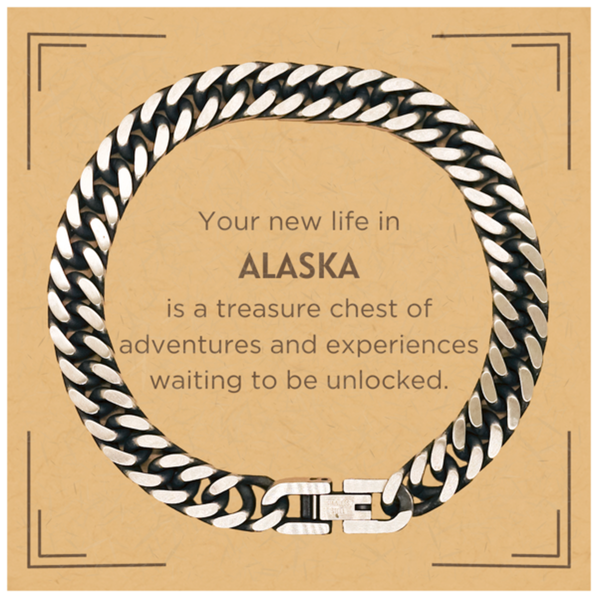 Moving to Alaska Gifts, Your new life in Alaska, Long Distance Alaska Christmas Cuban Link Chain Bracelet For Men, Women, Friends, Coworkers