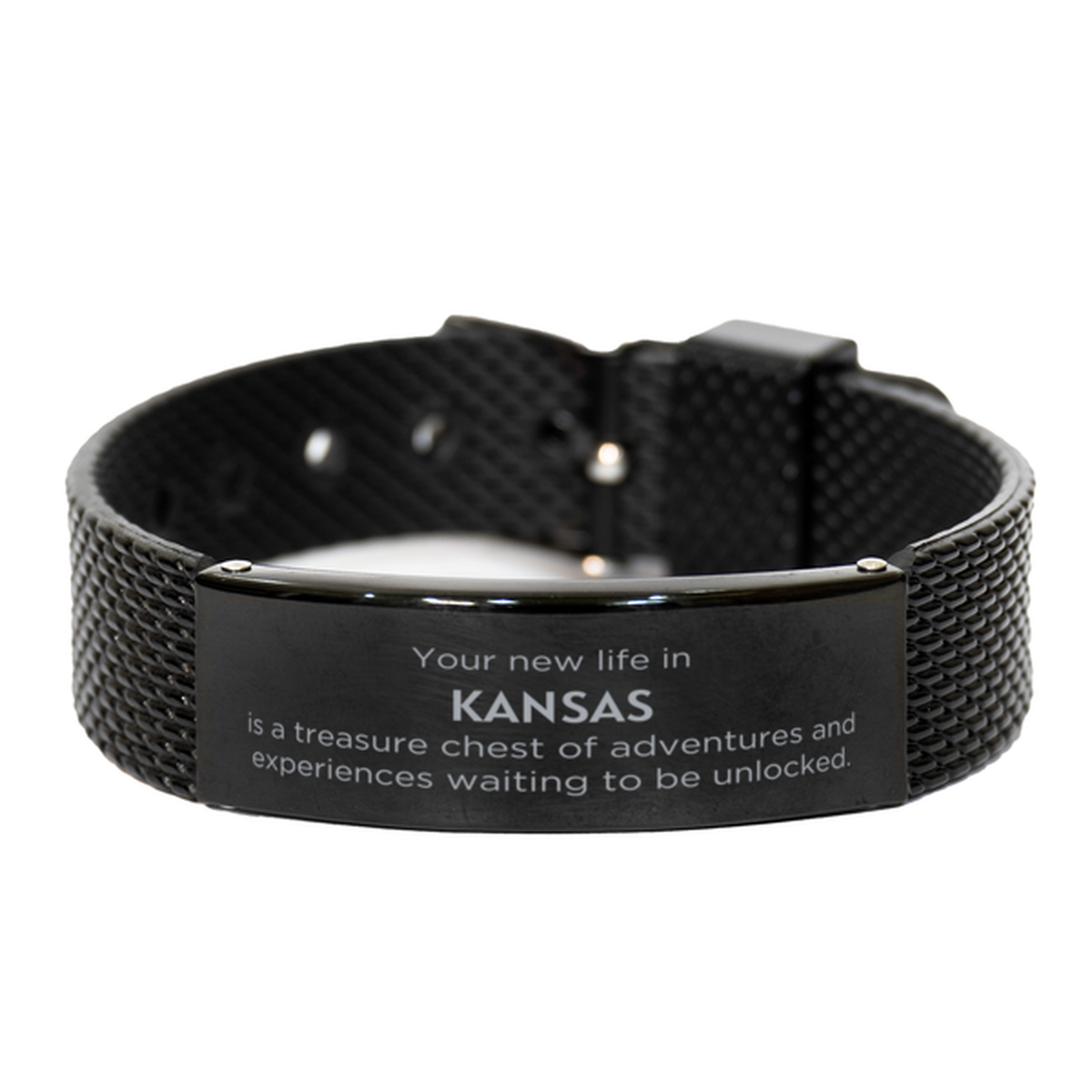 Moving to Kansas Gifts, Your new life in Kansas, Long Distance Kansas Christmas Black Shark Mesh Bracelet For Men, Women, Friends, Coworkers