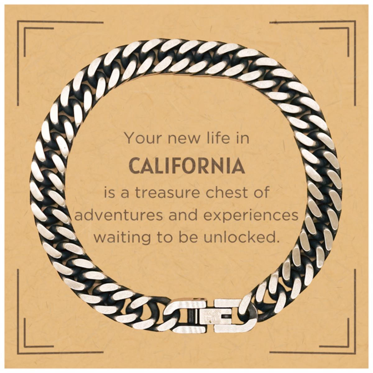Moving to California Gifts, Your new life in California, Long Distance California Christmas Cuban Link Chain Bracelet For Men, Women, Friends, Coworkers