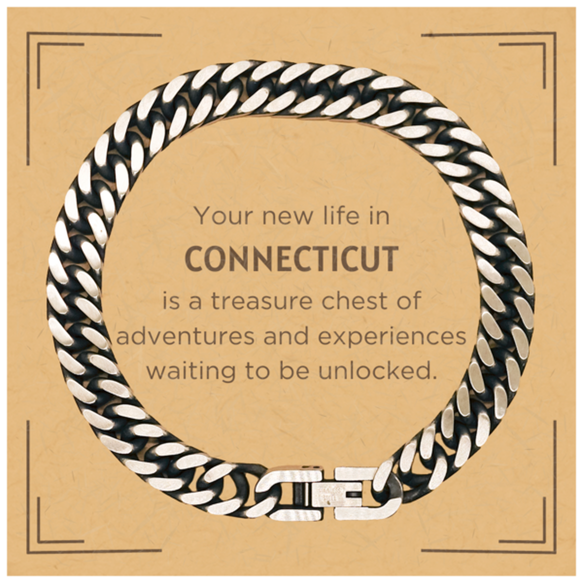 Moving to Connecticut Gifts, Your new life in Connecticut, Long Distance Connecticut Christmas Cuban Link Chain Bracelet For Men, Women, Friends, Coworkers