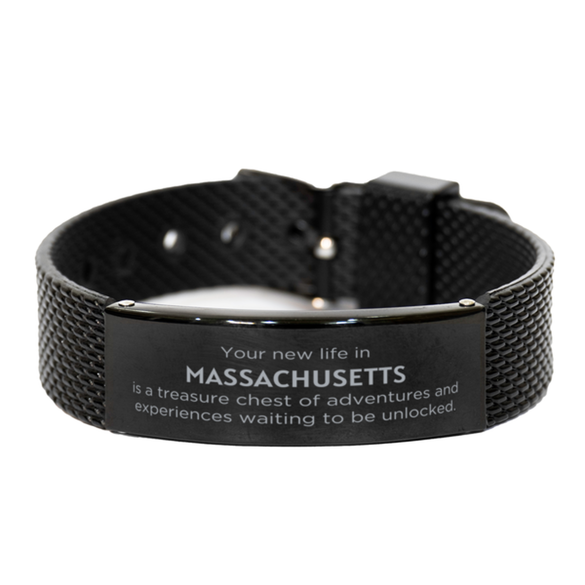 Moving to Massachusetts Gifts, Your new life in Massachusetts, Long Distance Massachusetts Christmas Black Shark Mesh Bracelet For Men, Women, Friends, Coworkers