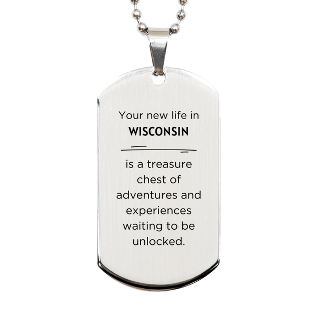 Moving to Wisconsin Gifts, Your new life in Wisconsin, Long Distance Wisconsin Christmas Silver Dog Tag For Men, Women, Friends, Coworkers