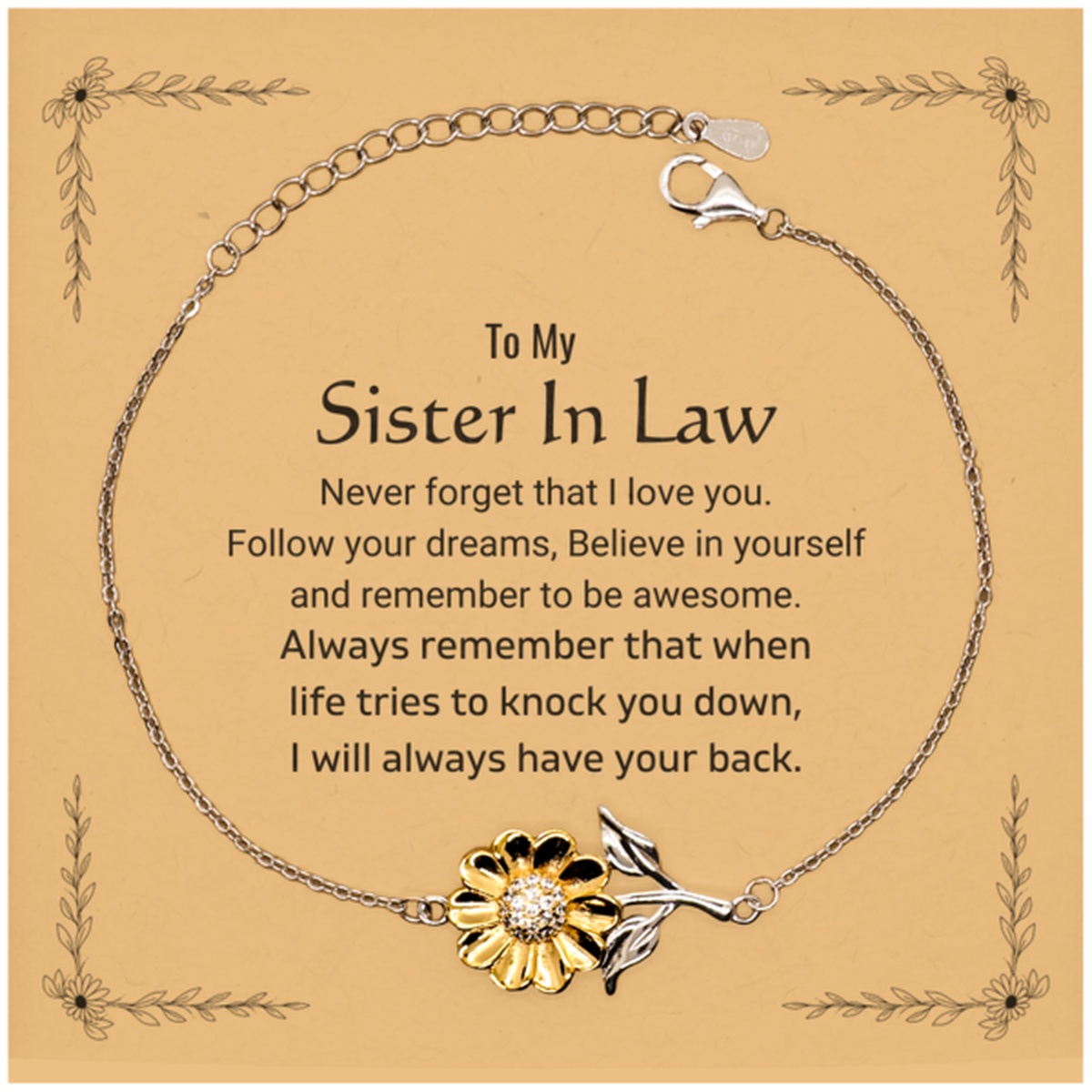 Sister In Law Sunflower Bracelet - Follow Your Dreams | Birthday and Christmas Gift