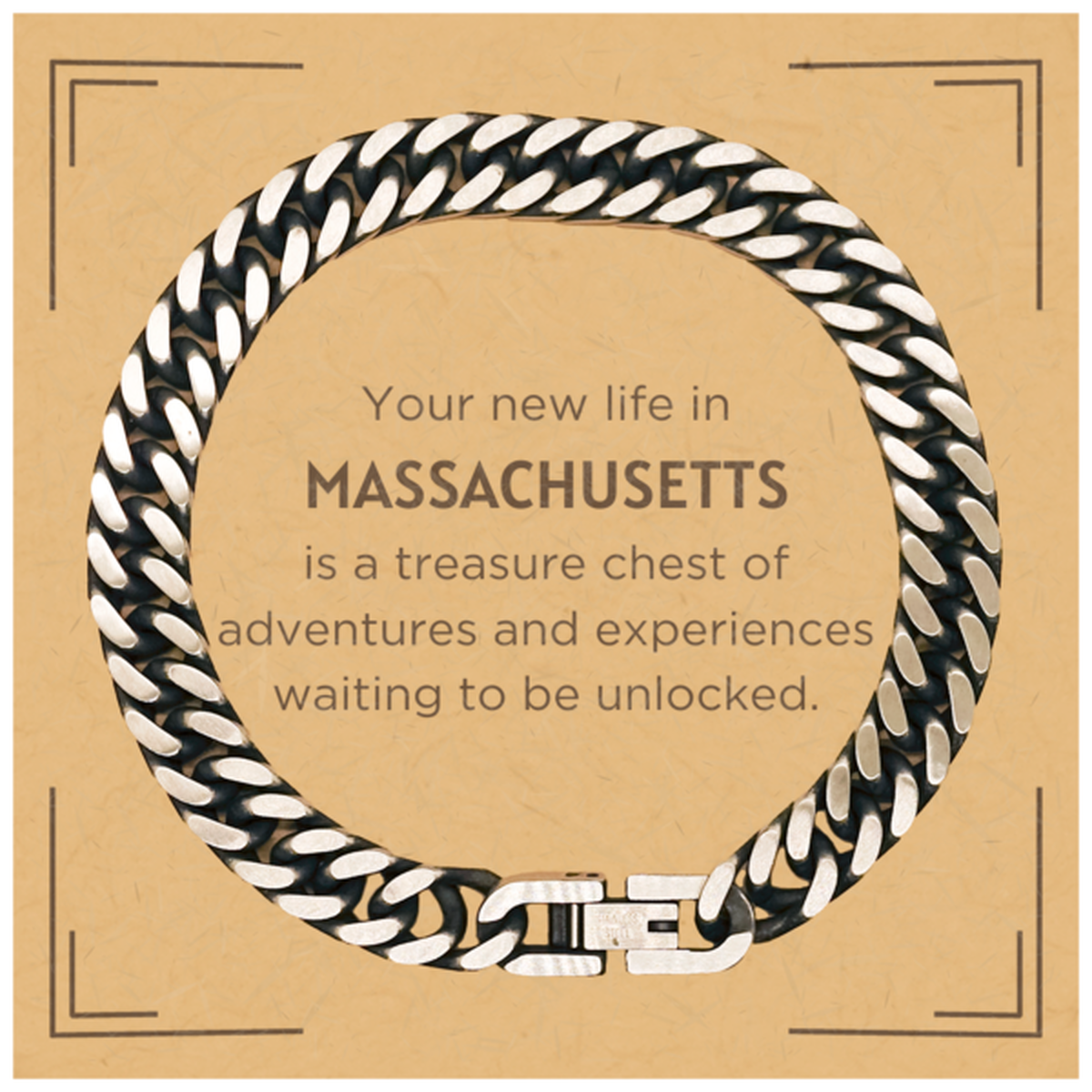 Moving to Massachusetts Gifts, Your new life in Massachusetts, Long Distance Massachusetts Christmas Cuban Link Chain Bracelet For Men, Women, Friends, Coworkers