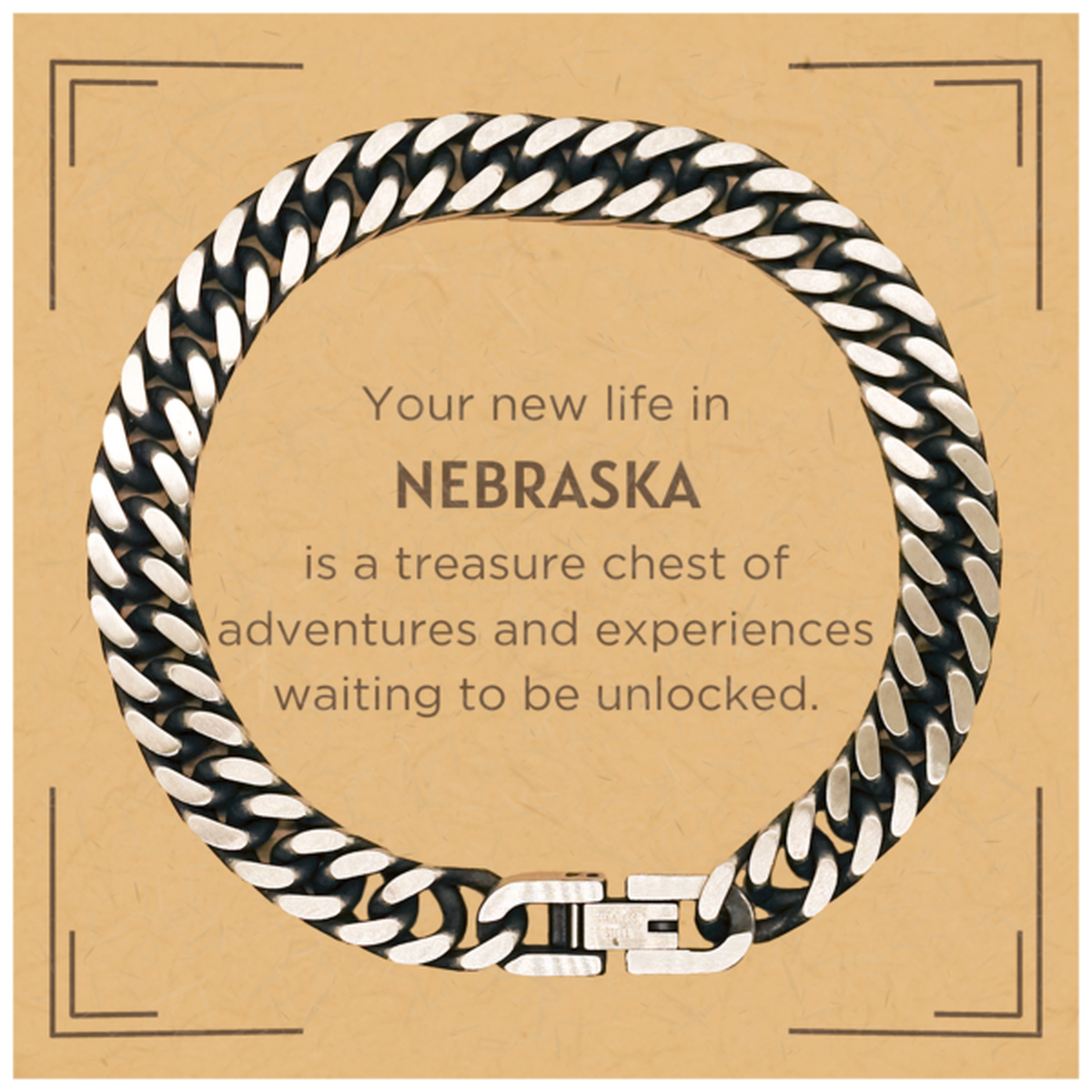 Moving to Nebraska Gifts, Your new life in Nebraska, Long Distance Nebraska Christmas Cuban Link Chain Bracelet For Men, Women, Friends, Coworkers