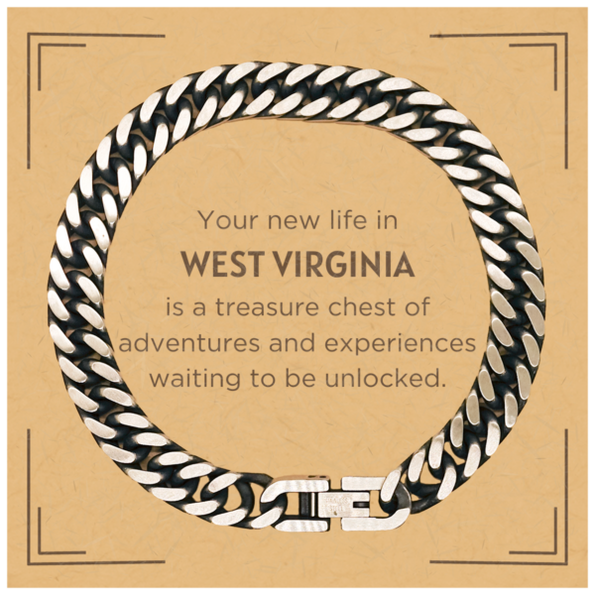 Moving to West Virginia Gifts, Your new life in West Virginia, Long Distance West Virginia Christmas Cuban Link Chain Bracelet For Men, Women, Friends, Coworkers