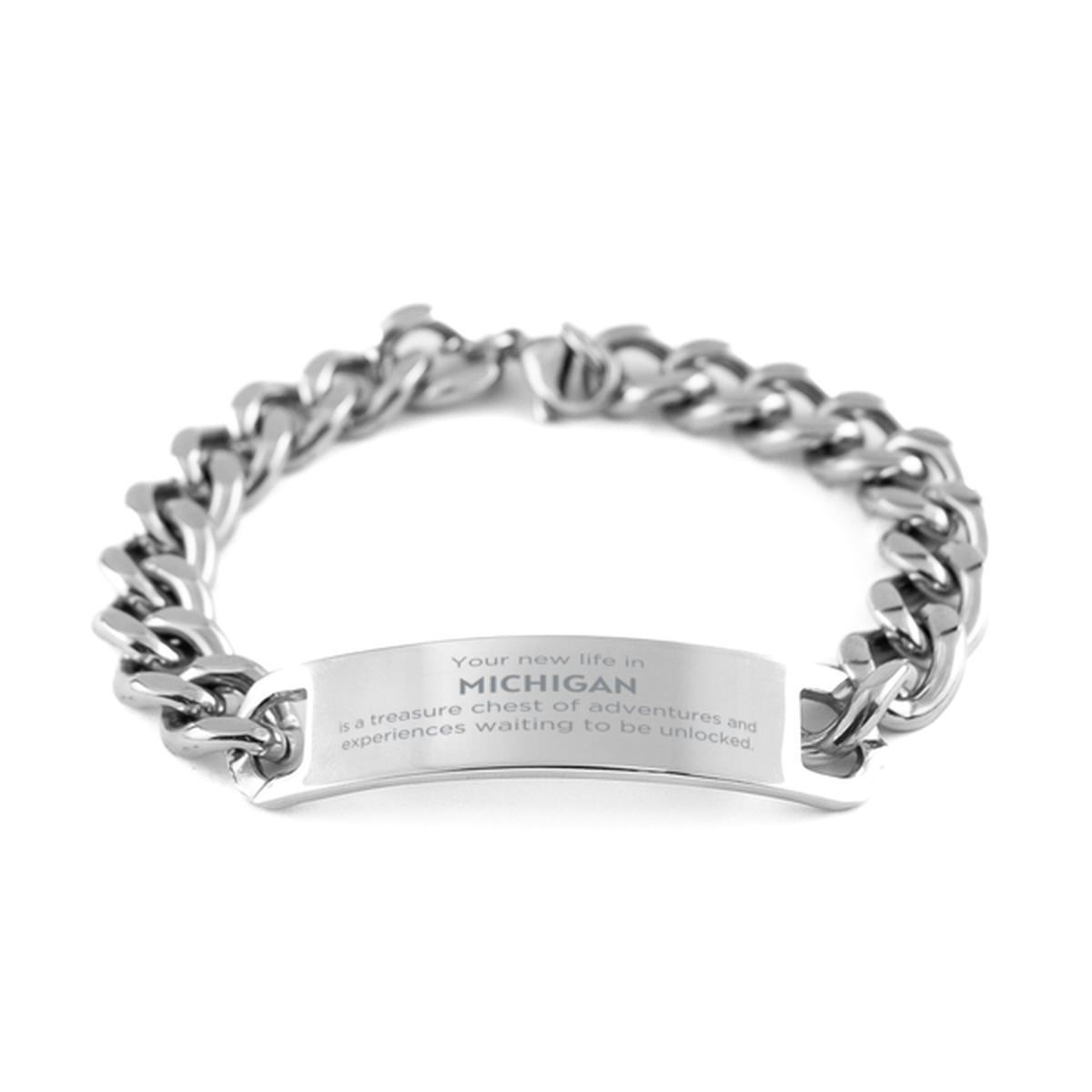 Moving to Michigan Gifts, Your new life in Michigan, Long Distance Michigan Christmas Cuban Chain Stainless Steel Bracelet For Men, Women, Friends, Coworkers