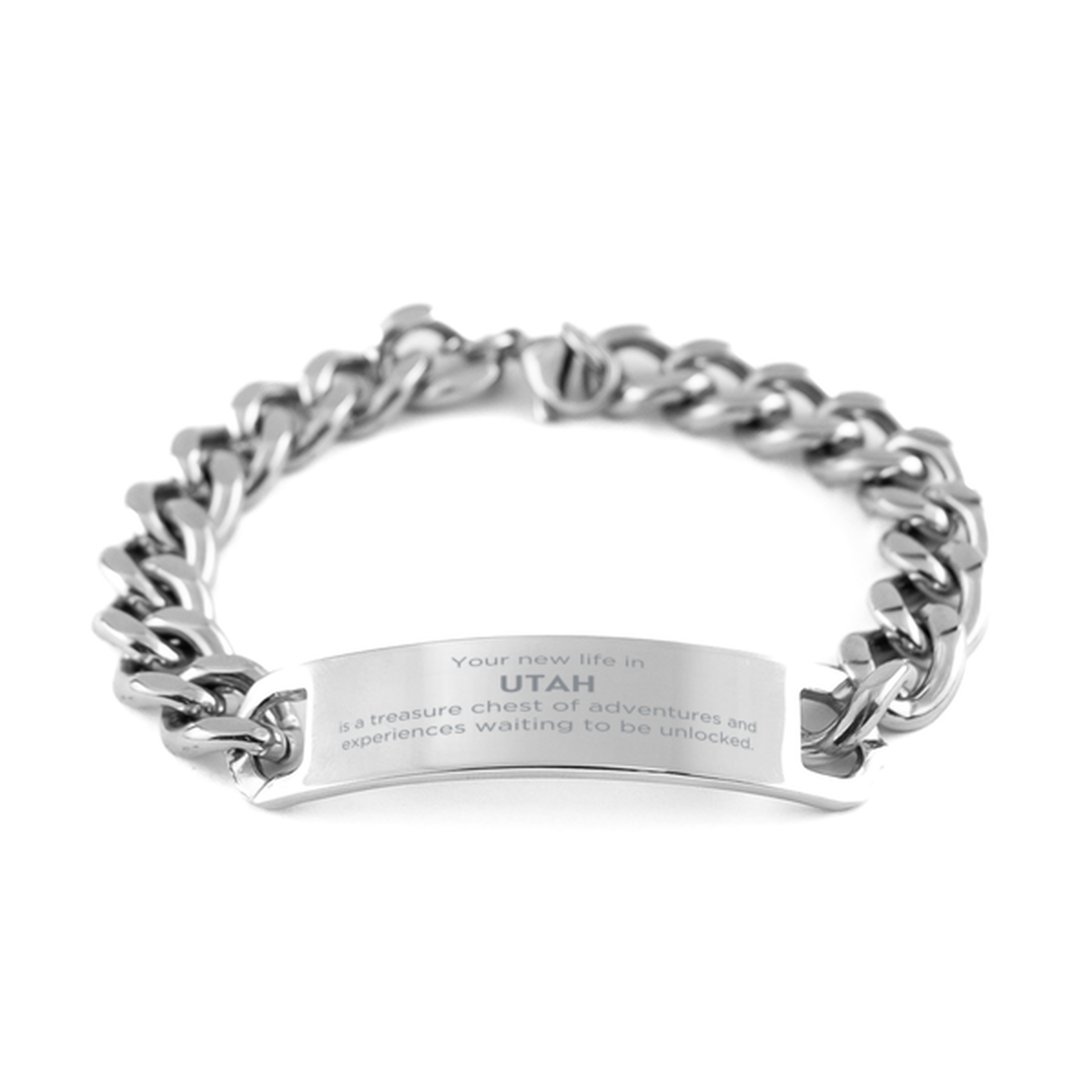 Moving to Utah Gifts, Your new life in Utah, Long Distance Utah Christmas Cuban Chain Stainless Steel Bracelet For Men, Women, Friends, Coworkers