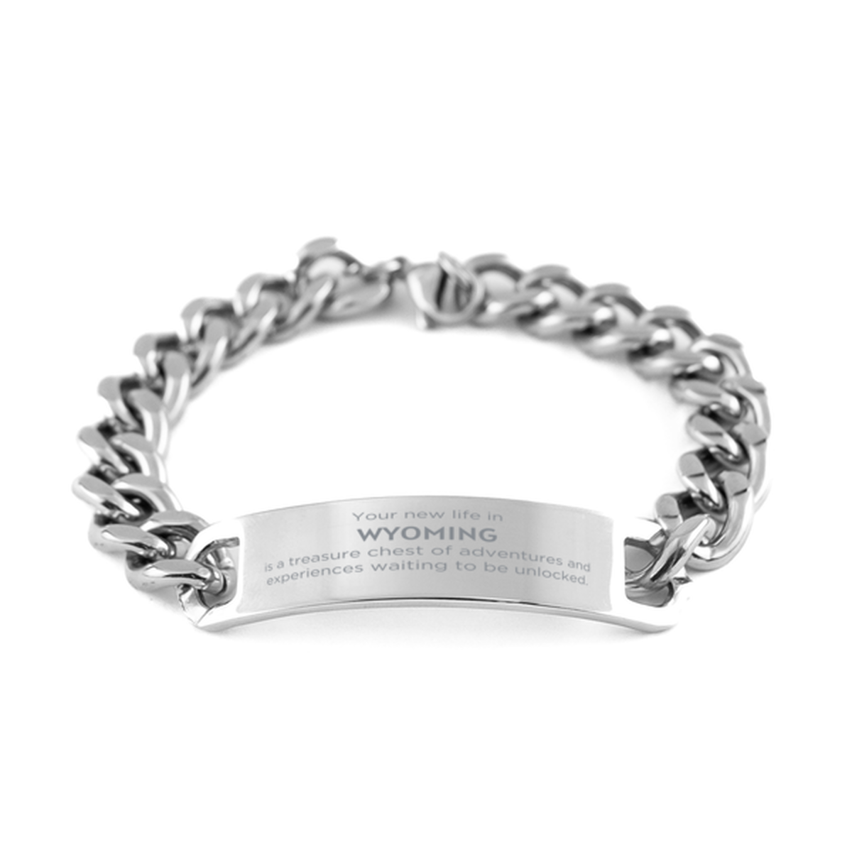 Moving to Wyoming Gifts, Your new life in Wyoming, Long Distance Wyoming Christmas Cuban Chain Stainless Steel Bracelet For Men, Women, Friends, Coworkers