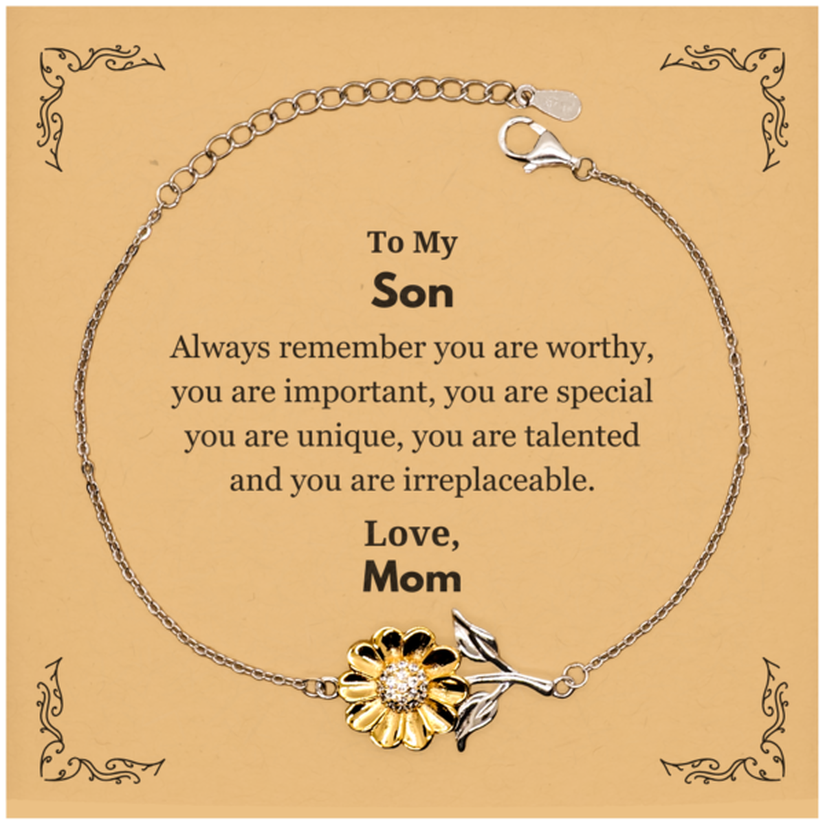 Son Birthday Gifts from Mom, Inspirational Sunflower Bracelet for Son Christmas Graduation Gifts for Son Always remember you are worthy, you are important. Love, Mom