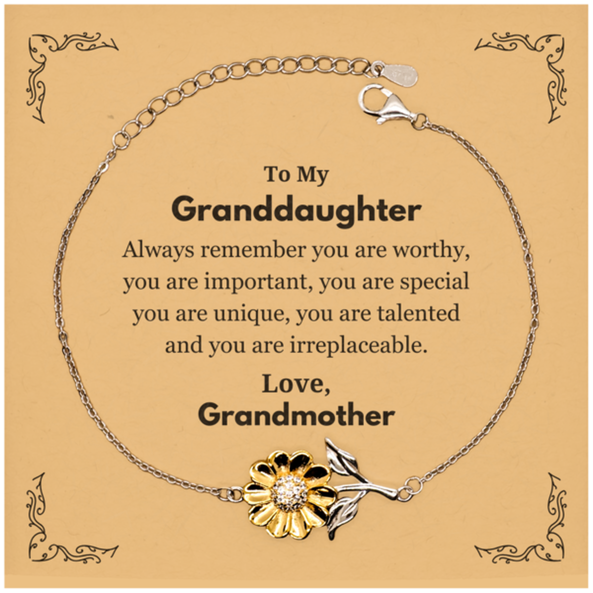 Granddaughter Birthday Gifts from Grandmother, Inspirational Sunflower Bracelet for Granddaughter Christmas Graduation Gifts for Granddaughter Always remember you are worthy, you are important. Love, Grandmother