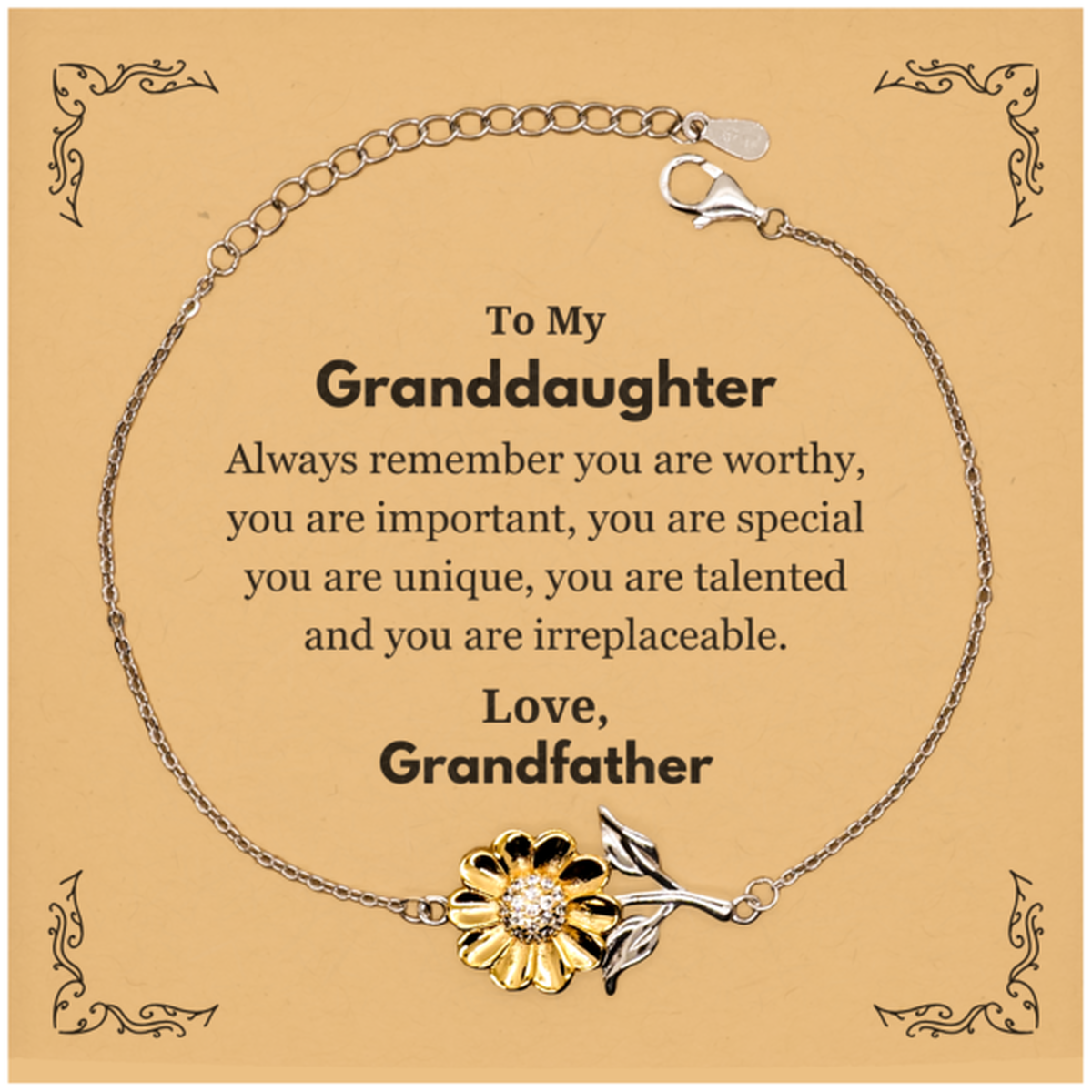 Granddaughter Birthday Gifts from Grandfather, Inspirational Sunflower Bracelet for Granddaughter Christmas Graduation Gifts for Granddaughter Always remember you are worthy, you are important. Love, Grandfather