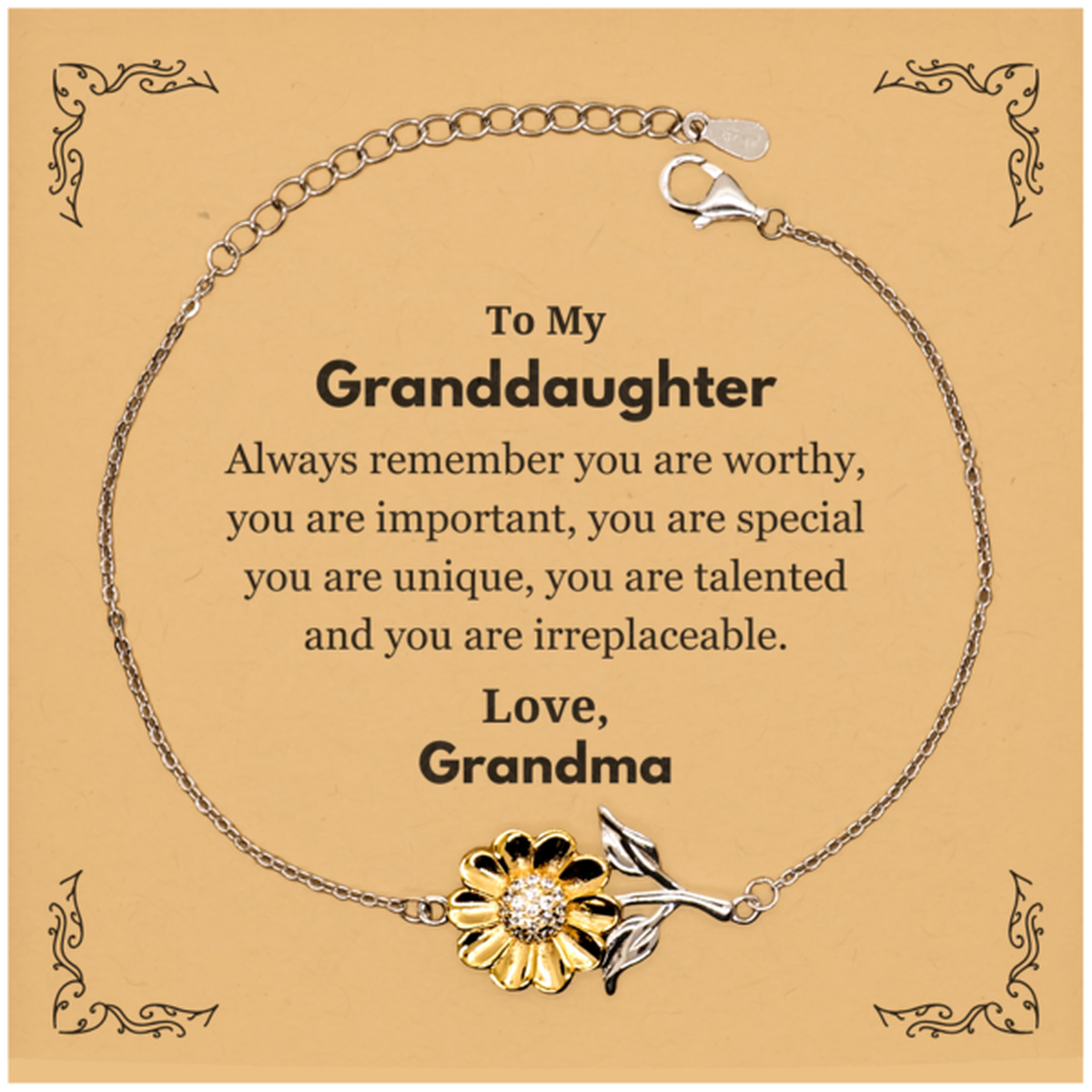 Granddaughter Birthday Gifts from Grandma, Inspirational Sunflower Bracelet for Granddaughter Christmas Graduation Gifts for Granddaughter Always remember you are worthy, you are important. Love, Grandma