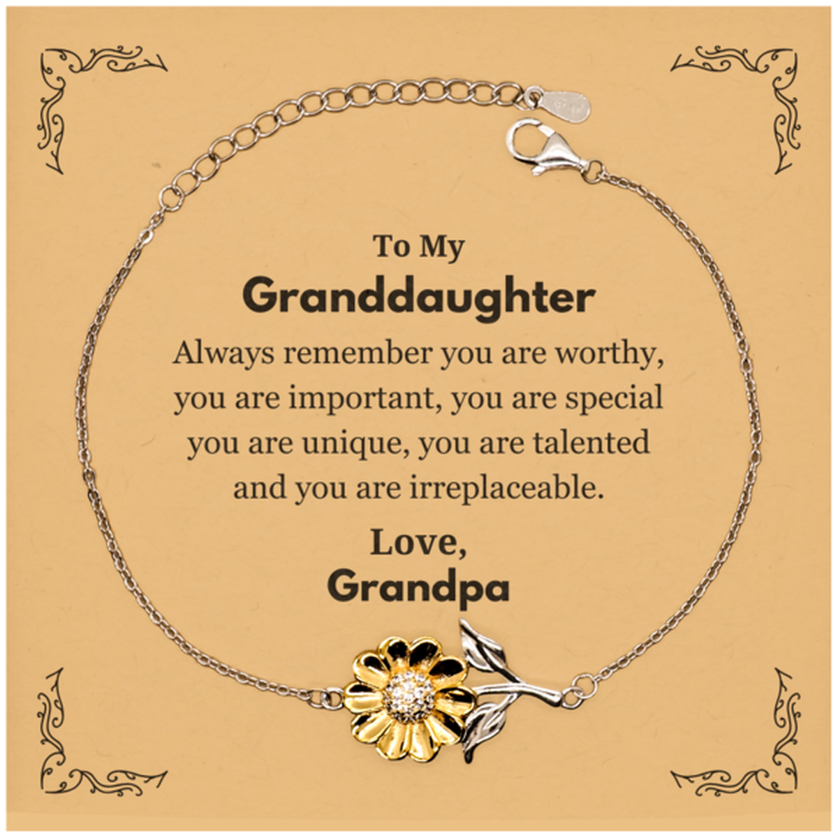 Granddaughter Birthday Gifts from Grandpa, Inspirational Sunflower Bracelet for Granddaughter Christmas Graduation Gifts for Granddaughter Always remember you are worthy, you are important. Love, Grandpa
