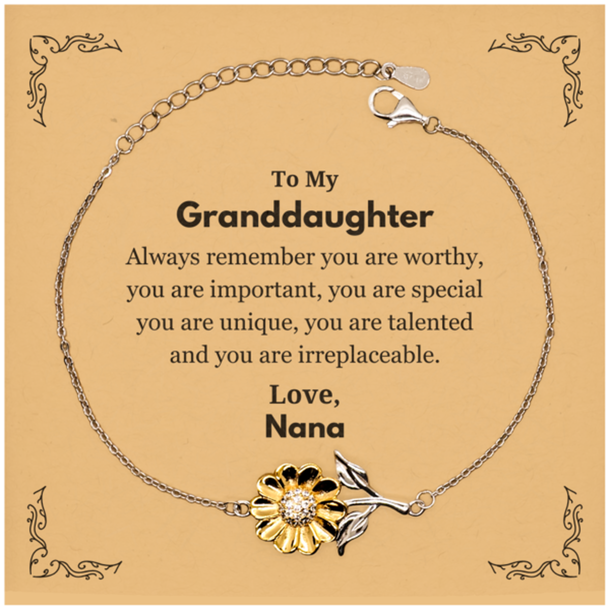 Granddaughter Birthday Gifts from Nana, Inspirational Sunflower Bracelet for Granddaughter Christmas Graduation Gifts for Granddaughter Always remember you are worthy, you are important. Love, Nana