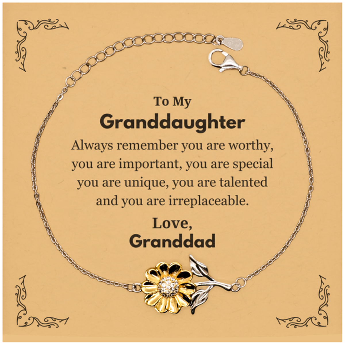 Granddaughter Birthday Gifts from Granddad, Inspirational Sunflower Bracelet for Granddaughter Christmas Graduation Gifts for Granddaughter Always remember you are worthy, you are important. Love, Granddad