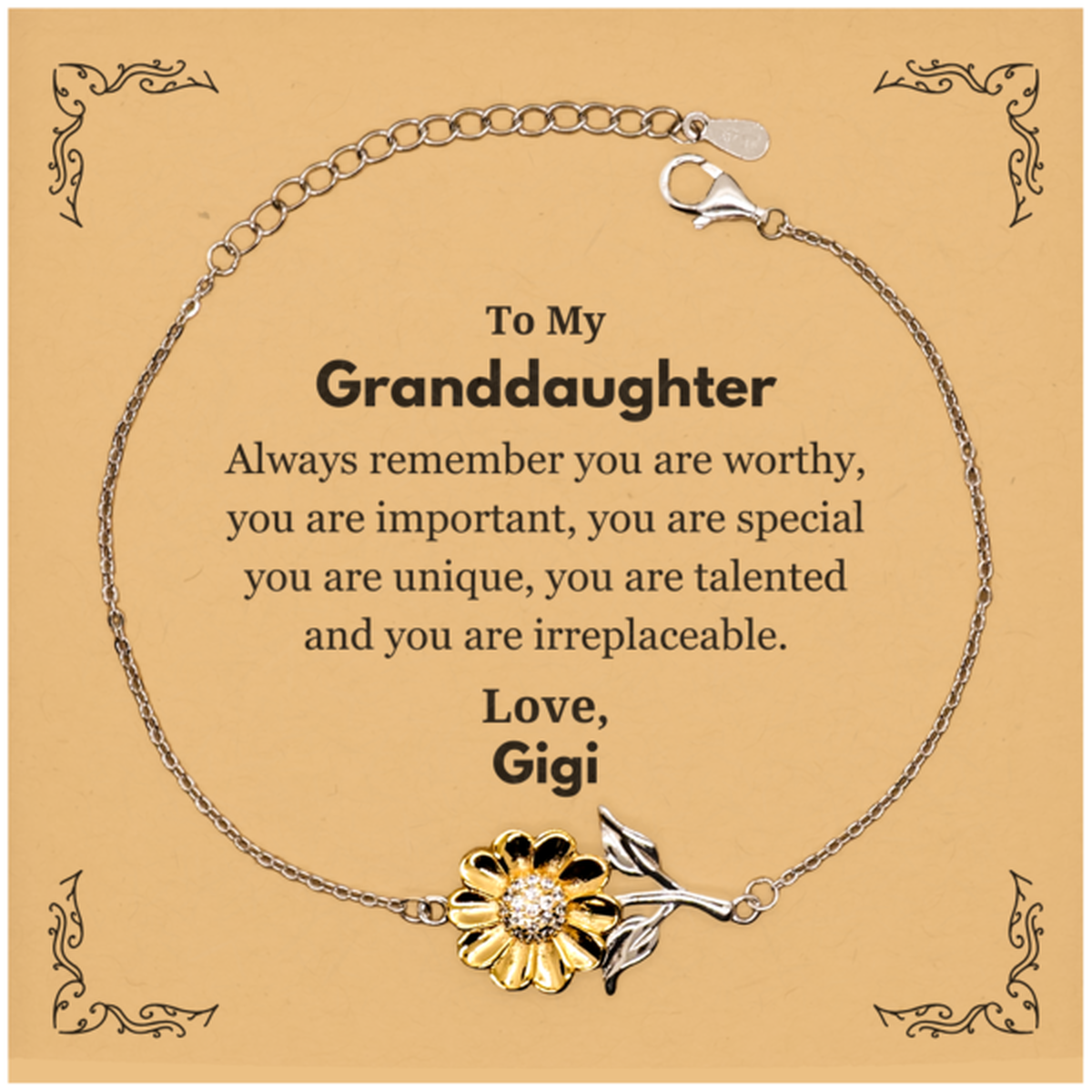 Granddaughter Birthday Gifts from Gigi, Inspirational Sunflower Bracelet for Granddaughter Christmas Graduation Gifts for Granddaughter Always remember you are worthy, you are important. Love, Gigi